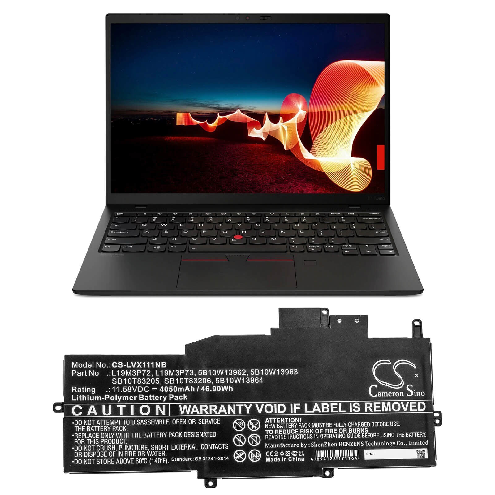 Li-Polymer Battery fits Lenovo, Thinkpad X1 Nano, Thinkpad X1 Nano Gen 1-20un000 11.58V, 4050mAh / 46.90Wh Notebook & Laptop Cameron Sino Technology Limited