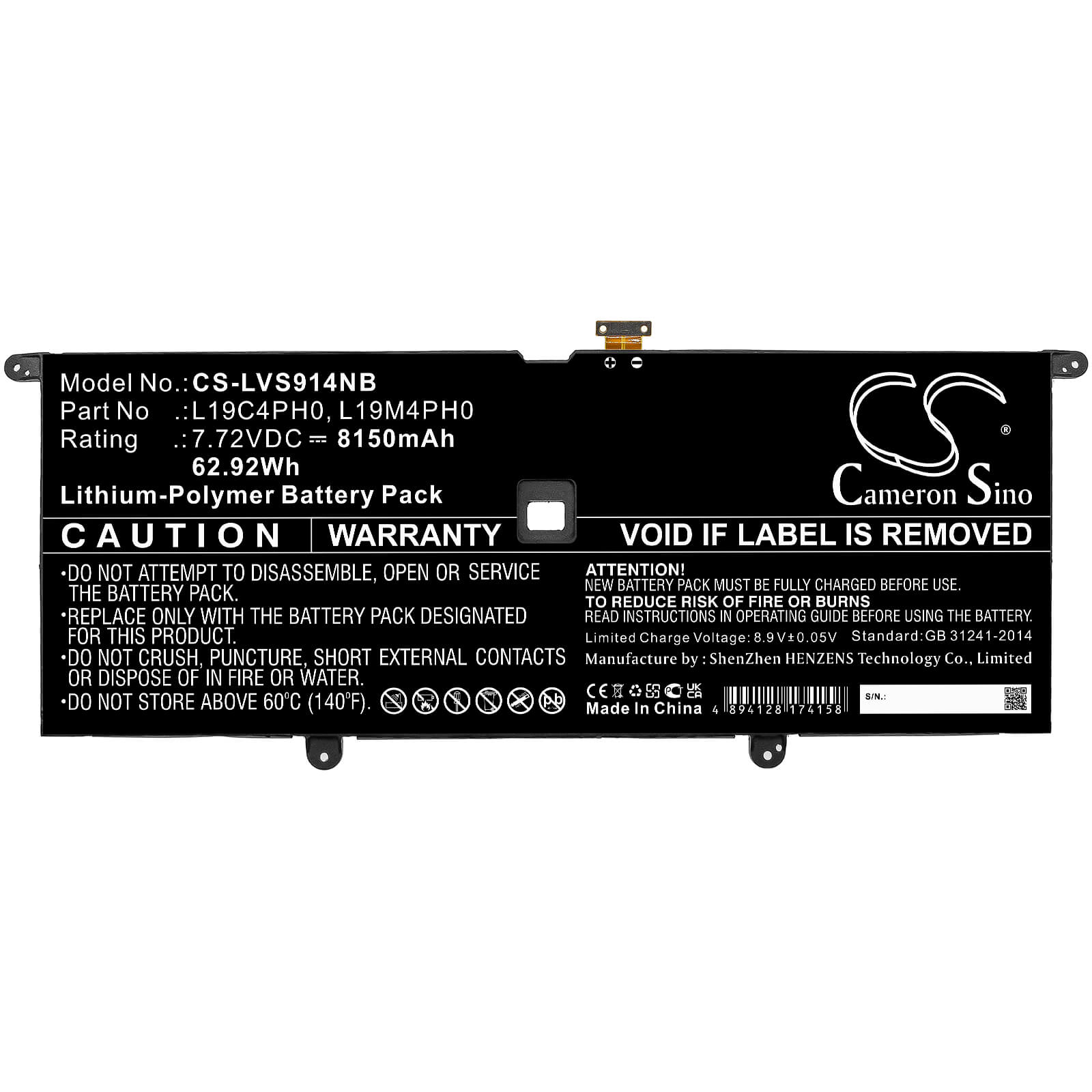 Li-Polymer Battery fits Lenovo, Yoga Slim 9 14itl5 82d10000uk, Yoga Slim 9 14itl5 82d10001uk 7.72V, 8150mAh / 62.92Wh Notebook & Laptop Cameron Sino Technology Limited