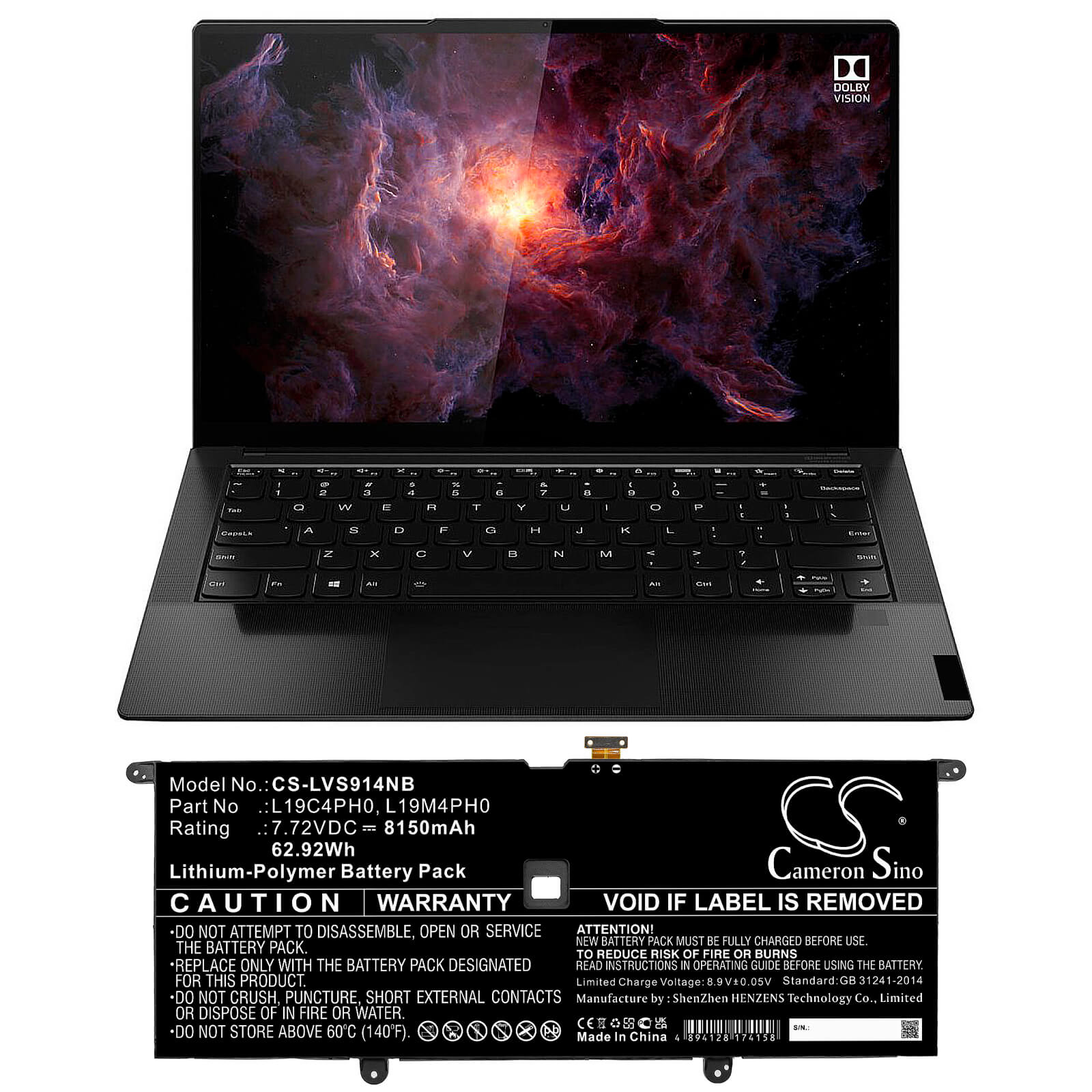 Li-Polymer Battery fits Lenovo, Yoga Slim 9 14itl5 82d10000uk, Yoga Slim 9 14itl5 82d10001uk 7.72V, 8150mAh / 62.92Wh Notebook & Laptop Cameron Sino Technology Limited