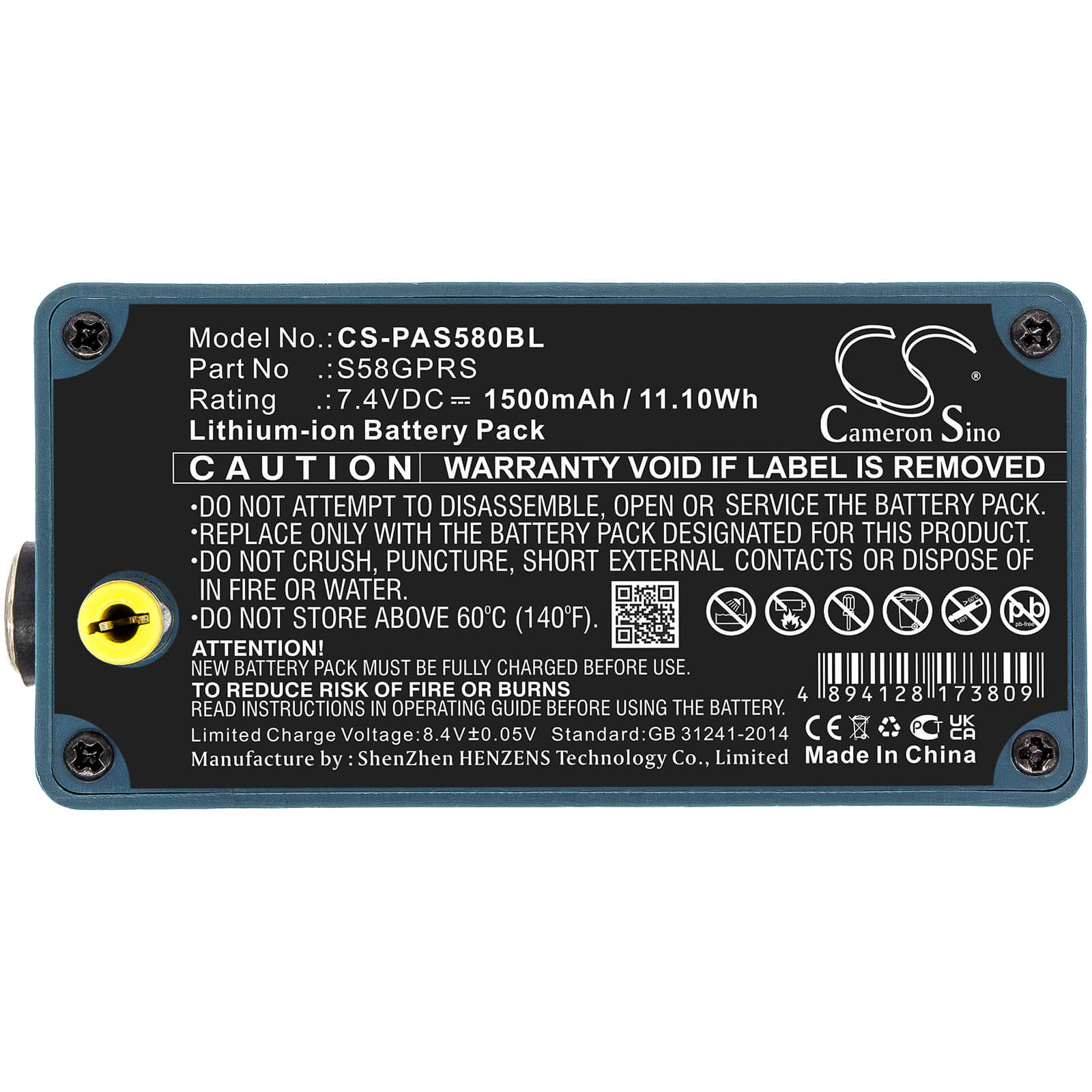 Li-ion Battery fits Pax, S58 7.4V, 1500mAh / 11.10Wh Payment Terminal Cameron Sino Technology Limited
