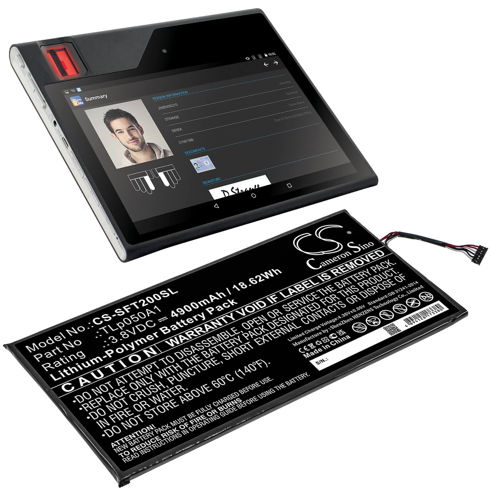 Li-Polymer Battery fits Safran, Morpho Tablet 2 3.8V, 4900mAh / 18.62Wh Tablet Cameron Sino Technology Limited