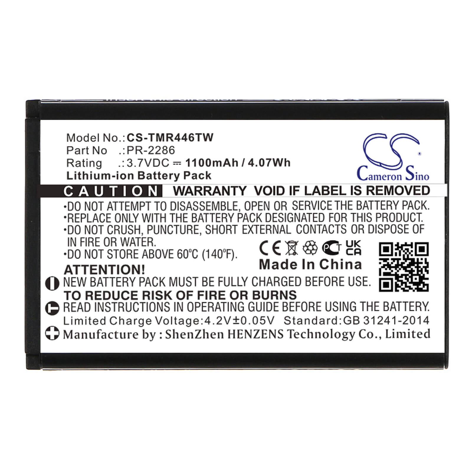 Li-ion Battery fits Team, Tecom-ps Freenet, Tecom-ps Pmr 446 3.7V, 1100mAh / 4.07Wh Two-Way Radio Cameron Sino Technology Limited