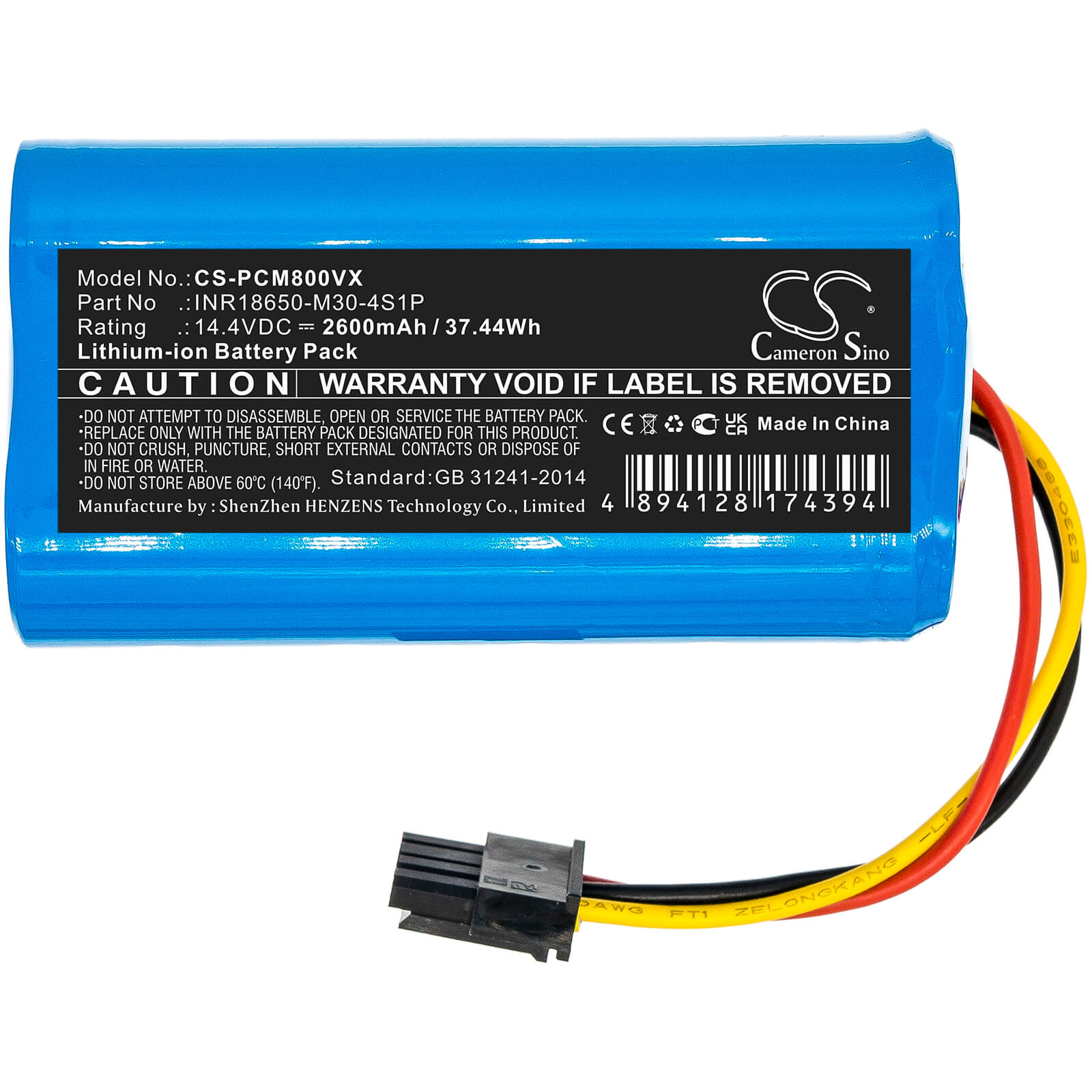 Li-ion Battery fits Proscenic, M8 14.4V, 2600mAh / 37.44Wh Vacuum Cameron Sino Technology Limited