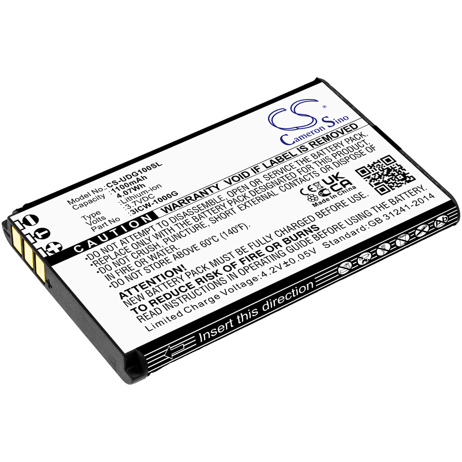 Li-ion Battery fits Unidata, Icw-1000g 3.7V, 1100mAh / 4.07Wh VoIP Phone Cameron Sino Technology Limited