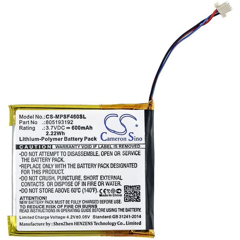 Li-Polymer Battery fits Sandisk, Sansa Smdx10r-8192k-p70, Sansa View, Sansa View 16gb 3.7V, 600mAh Media Player Cameron Sino Technology Limited