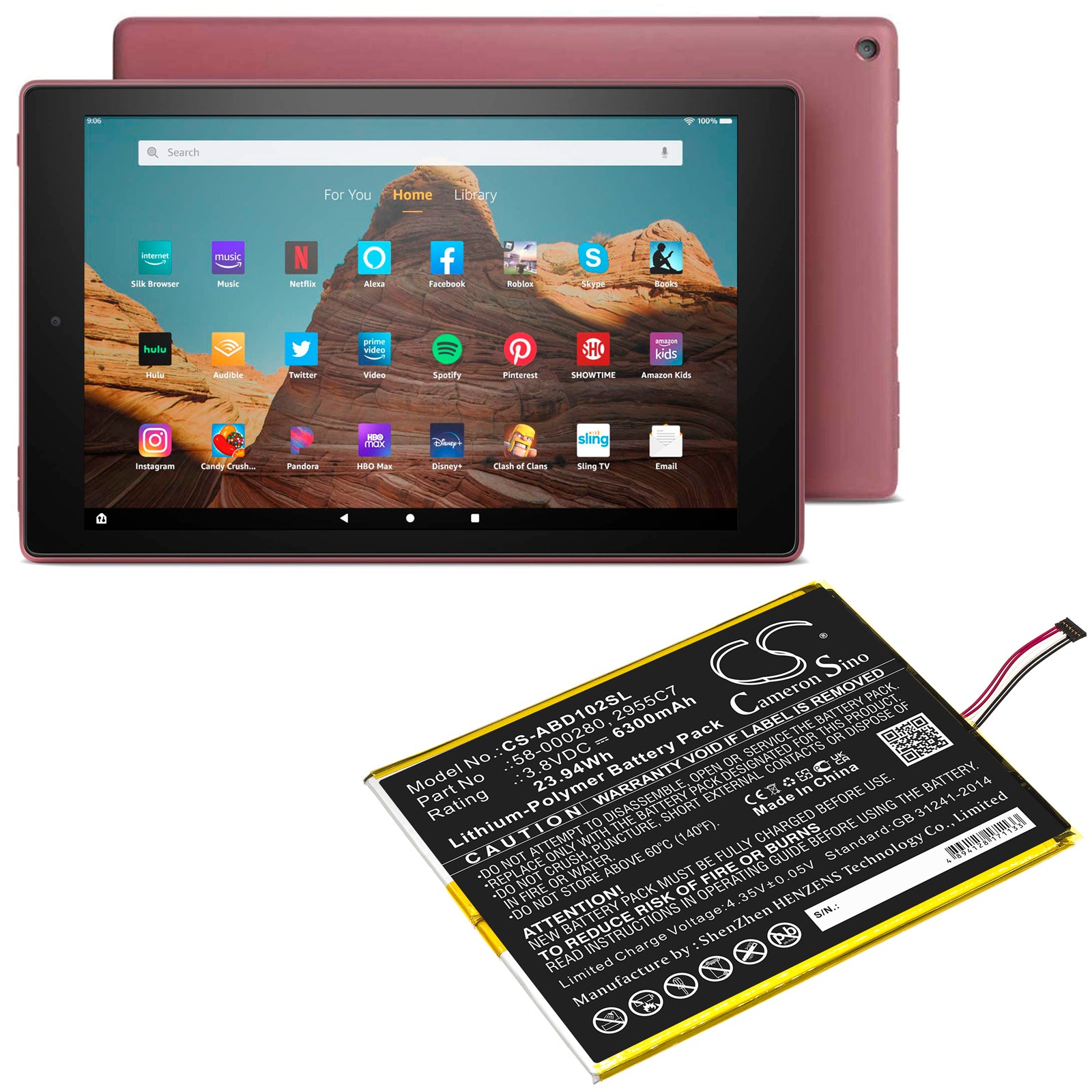 Li-Polymer, Tablet Battery fits Amazon Kindle Fire Hd 10.1 9th, M2v3r5, 3.8V, 6300mAh Tablet Cameron Sino Technology Limited