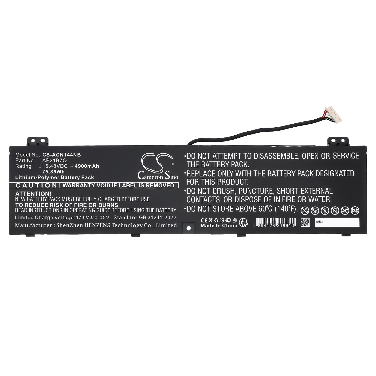 15.48V, Li-Polymer, 4900mAh, Battery fits Acer Nitro 14 (AN14-41), Nitro 14 AN14-41-R0CD, 75.85Wh Notebook, Laptop Cameron Sino Technology Limited