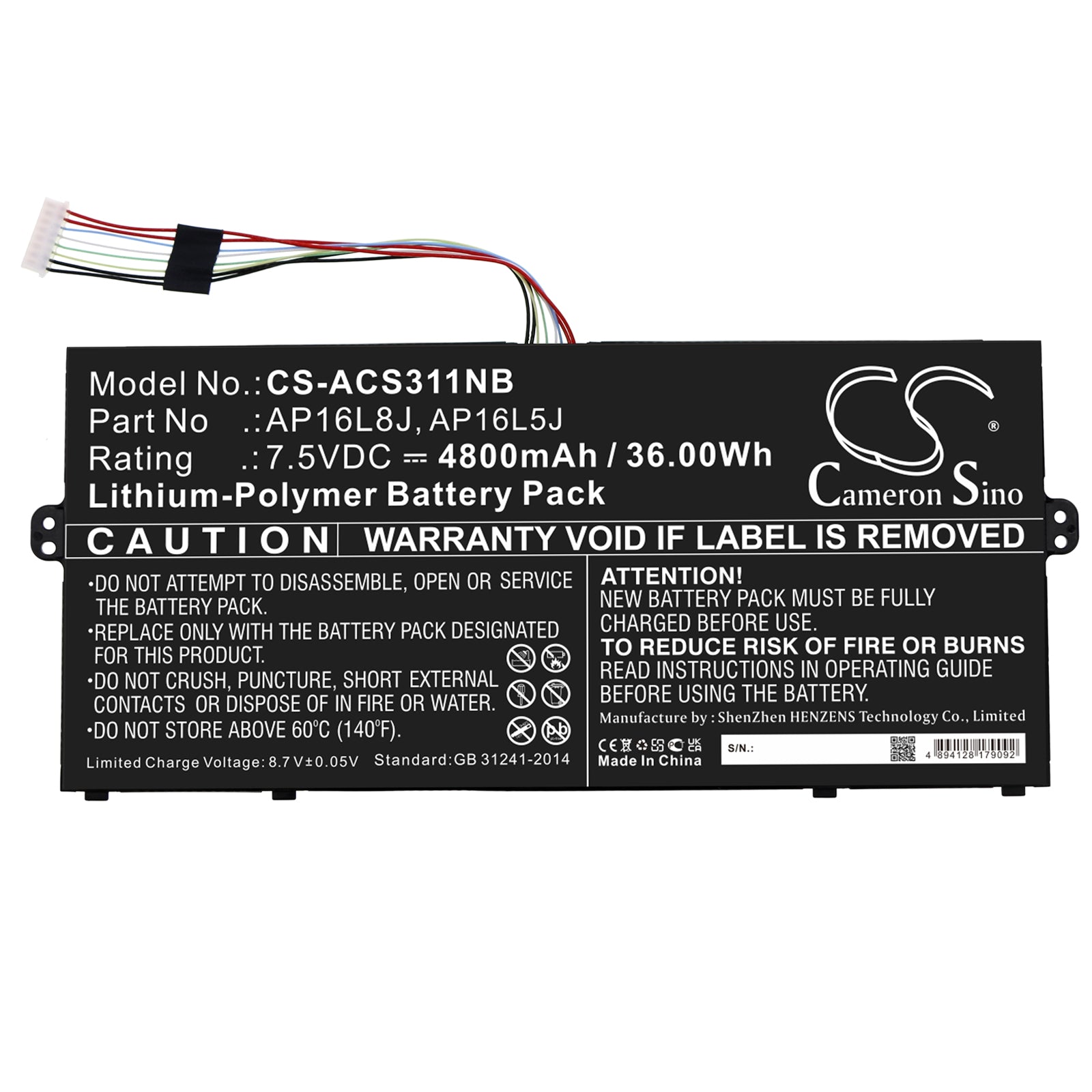 Li-Polymer, Notebook, Laptop Battery fits Acer Chromebook Spin 311 Cp311-2h, Chromebook Spin 311 Cp311-3h, 7.5V, 4800mAh Notebook, Laptop Cameron Sino Technology Limited