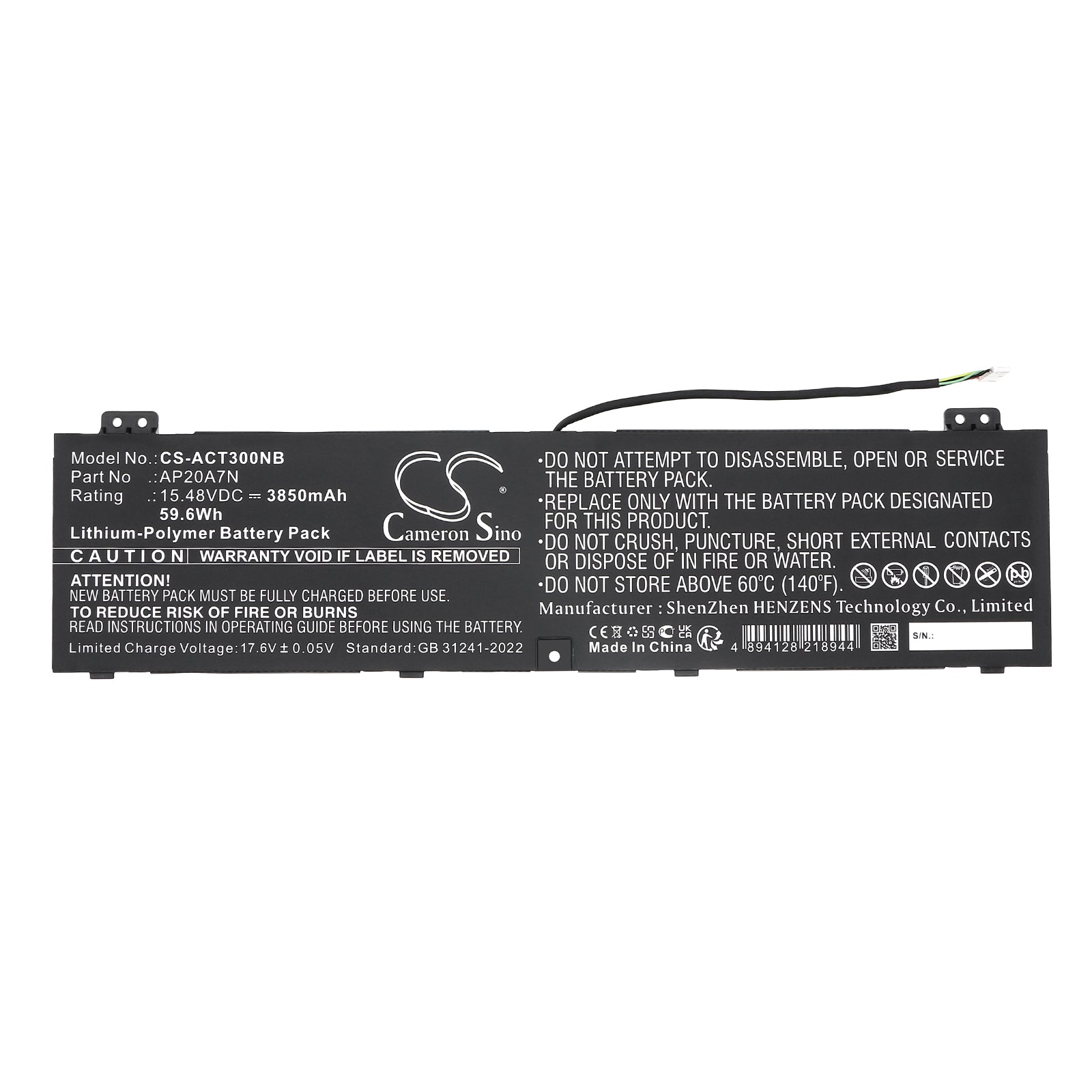 15.48V, Li-Polymer, 3850mAh, Battery fits Acer Predator Triton 300 SE PT314-51S-52ML, 59.6Wh Notebook, Laptop Cameron Sino Technology Limited