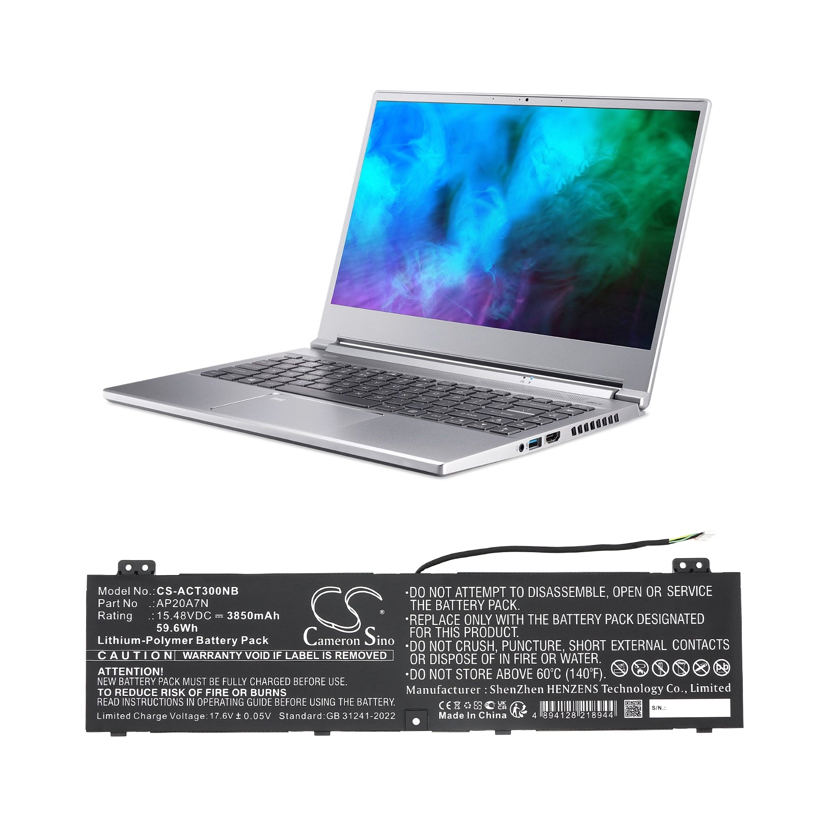 15.48V, Li-Polymer, 3850mAh, Battery fits Acer Predator Triton 300 SE PT314-51S-52ML, 59.6Wh Notebook, Laptop Cameron Sino Technology Limited