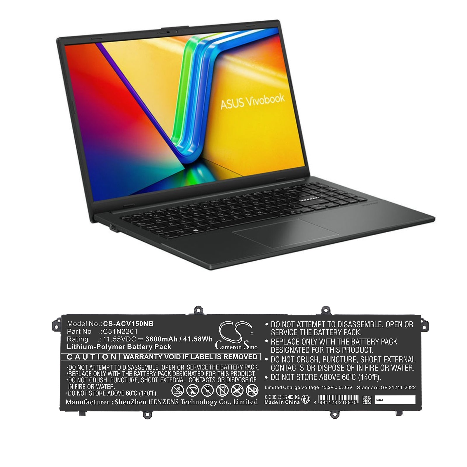 11.55V, Li-Polymer, 3600mAh, Battery fits Asus E1504FA-BQ038W, E1504FA-BQ090, 41.58Wh Notebook, Laptop Cameron Sino Technology Limited