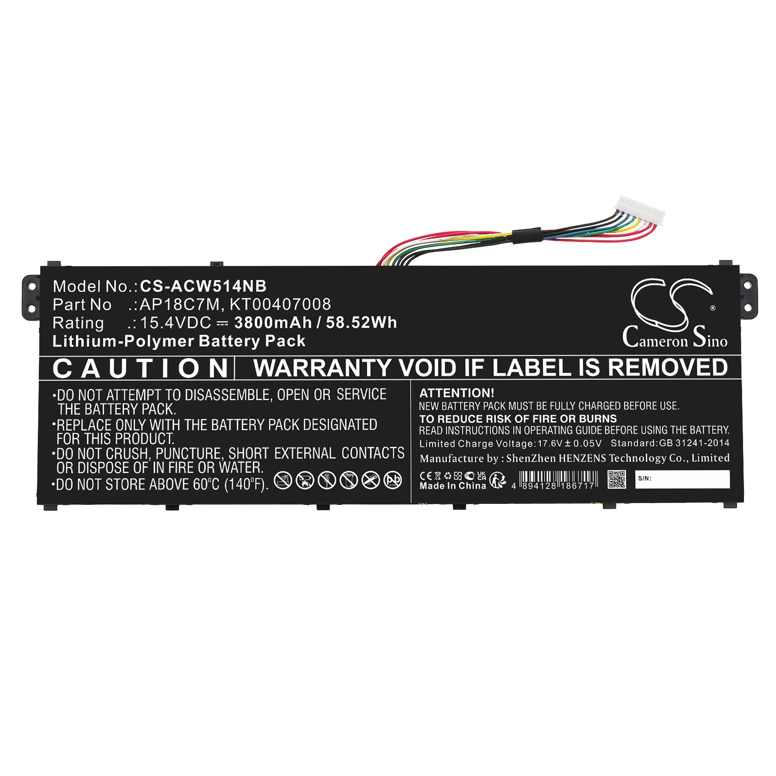 Li-Polymer, Notebook, Laptop Battery fits Acer Conceptd 3 Cn316-73g-729b, Conceptd 3 Cn316-73g-73k5, 15.4V, 3800mAh Notebook, Laptop Cameron Sino Technology Limited