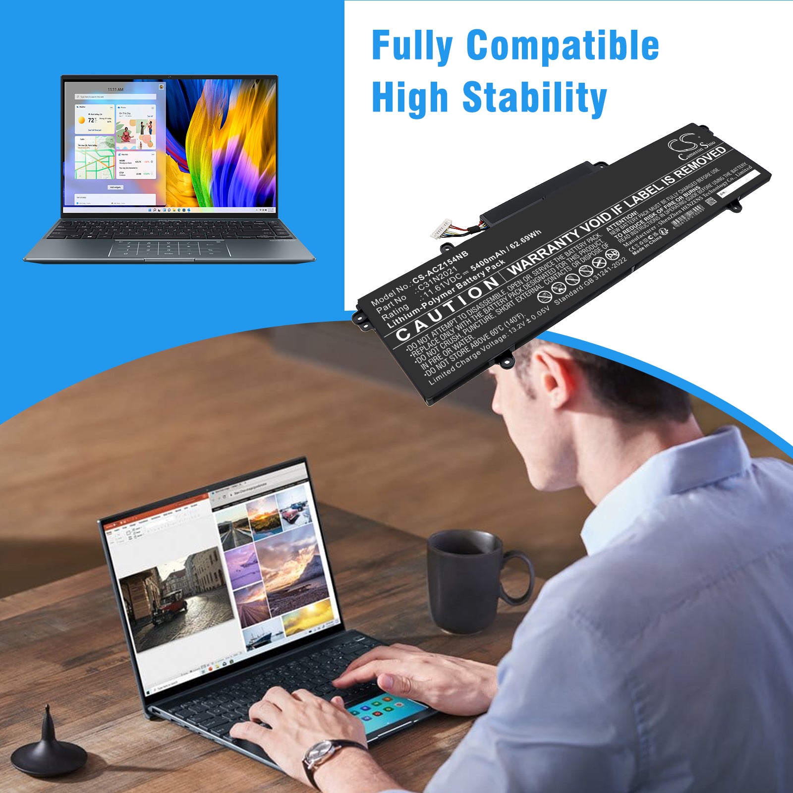11.61V, Li-Polymer, 5400mAh, Battery fits Asus ZENBOOK 14X OLED UX5401EA-KN511TS, 62.69Wh Notebook, Laptop Cameron Sino Technology Limited