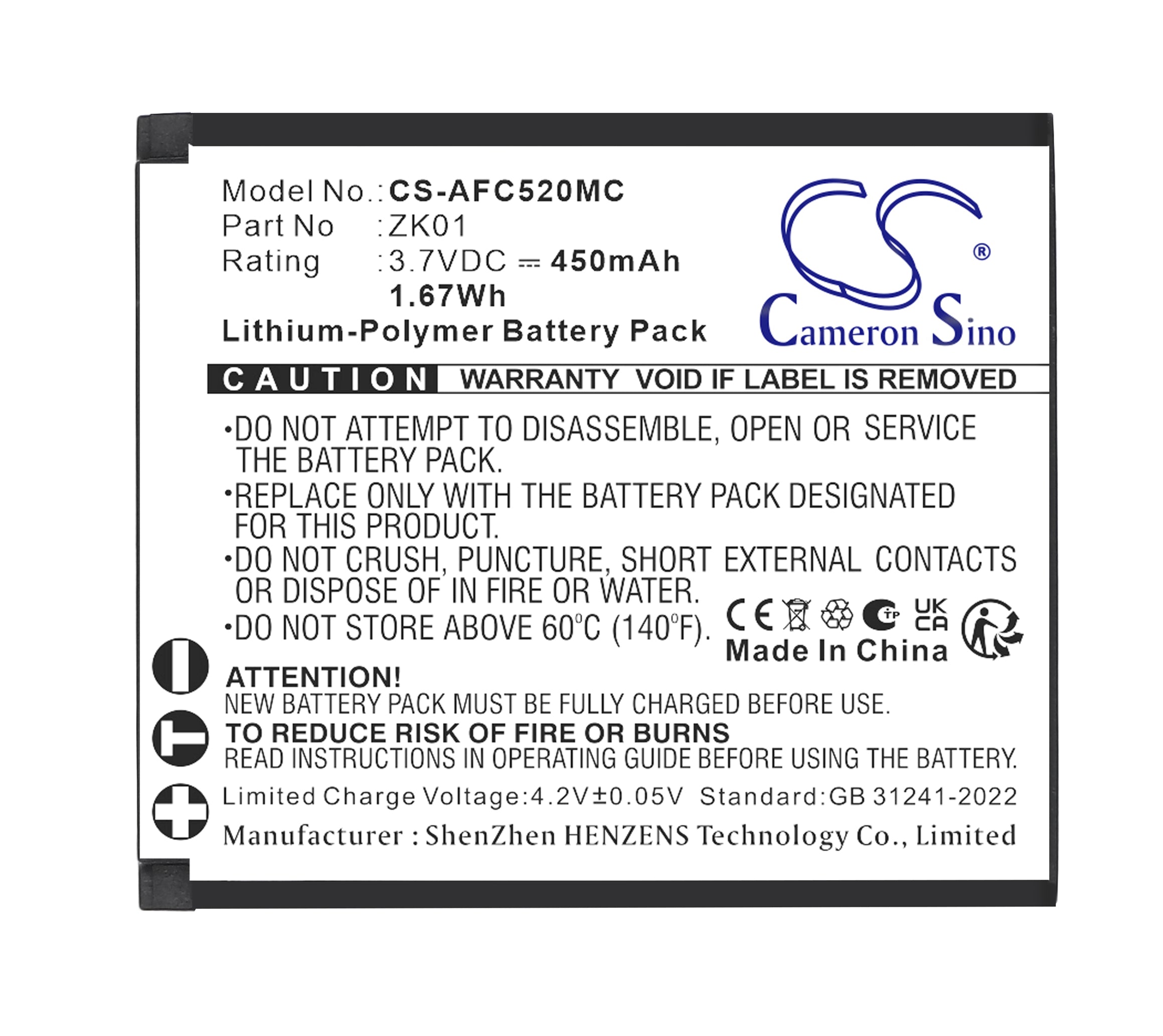 3.7V, Li-Polymer, 450mAh, Battery fits AgfaPhoto Realishot DC5200, 1.67Wh Camera Cameron Sino Technology Limited
