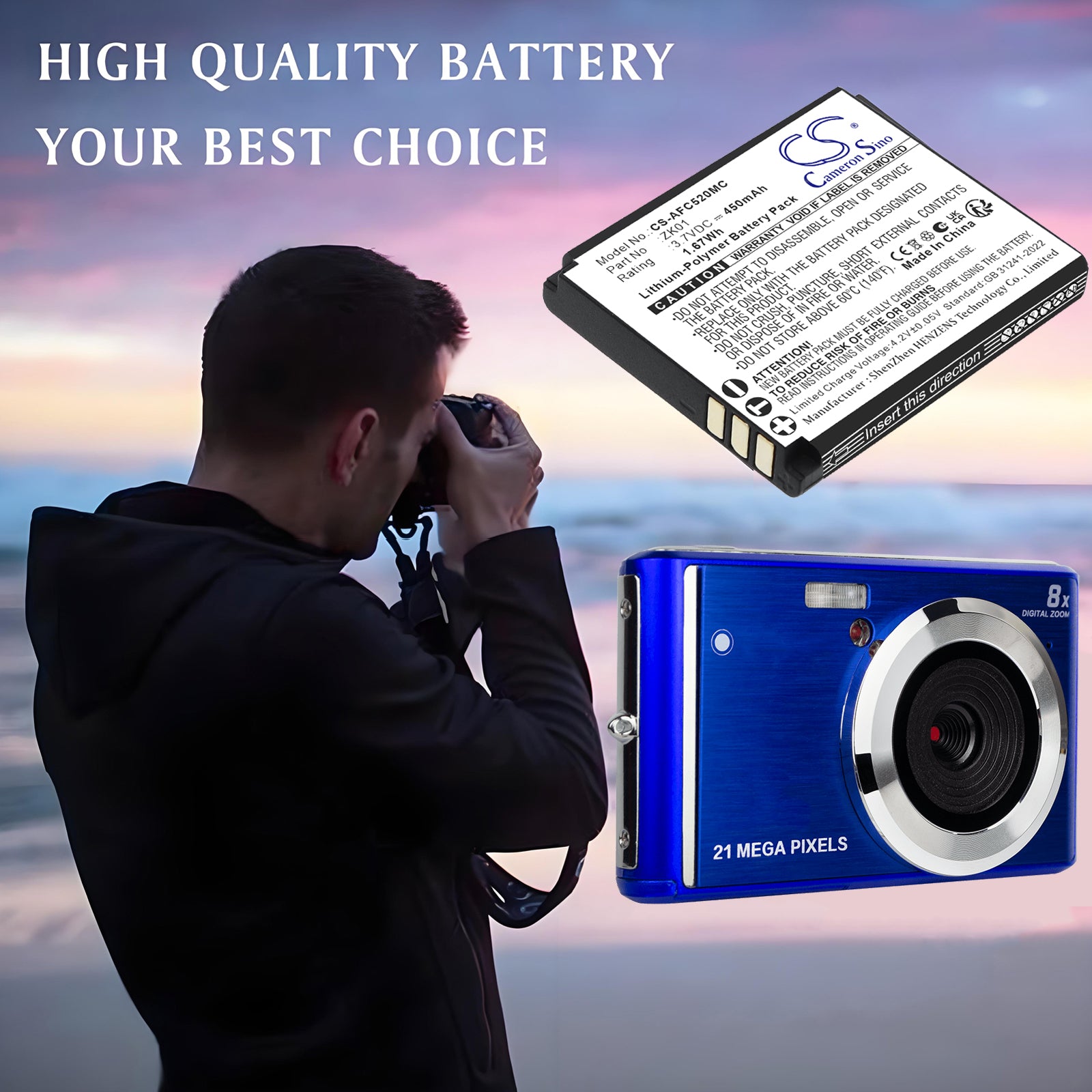 3.7V, Li-Polymer, 450mAh, Battery fits AgfaPhoto Realishot DC5200, 1.67Wh Camera Cameron Sino Technology Limited