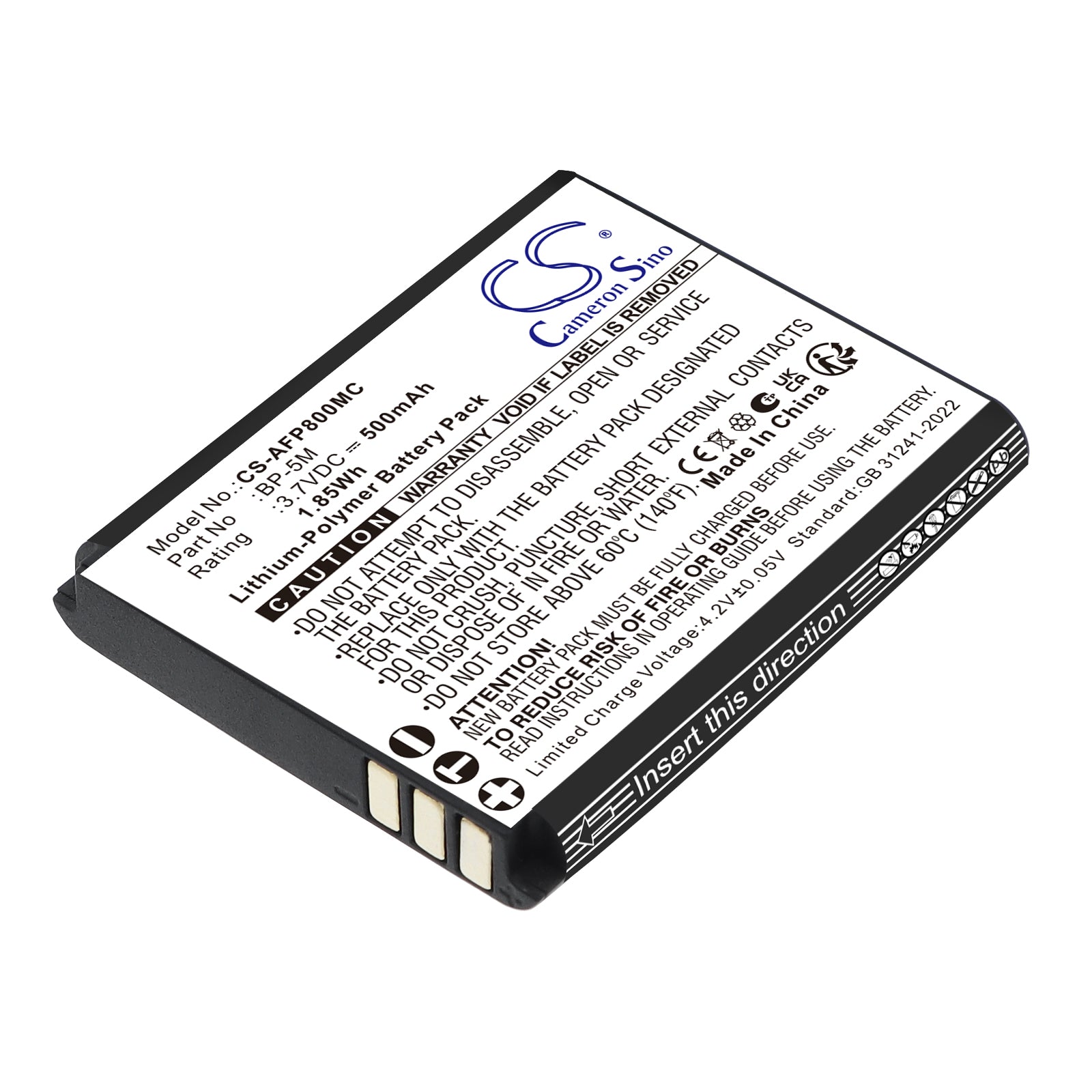 3.7V, Li-Polymer, 500mAh, Battery fits AgfaPhoto Realishot WP8000, 1.85Wh Camera Cameron Sino Technology Limited