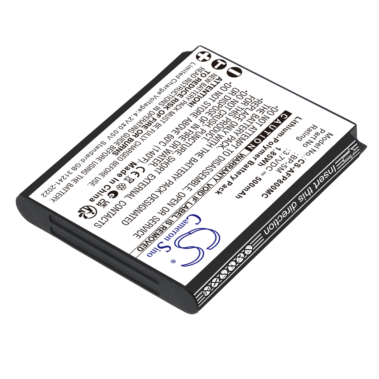 3.7V, Li-Polymer, 500mAh, Battery fits AgfaPhoto Realishot WP8000, 1.85Wh Camera Cameron Sino Technology Limited