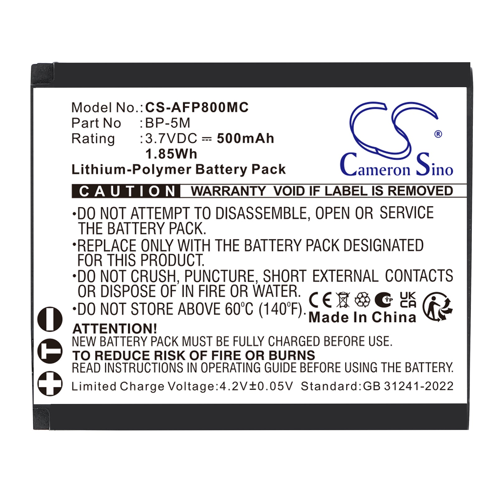 3.7V, Li-Polymer, 500mAh, Battery fits AgfaPhoto Realishot WP8000, 1.85Wh Camera Cameron Sino Technology Limited