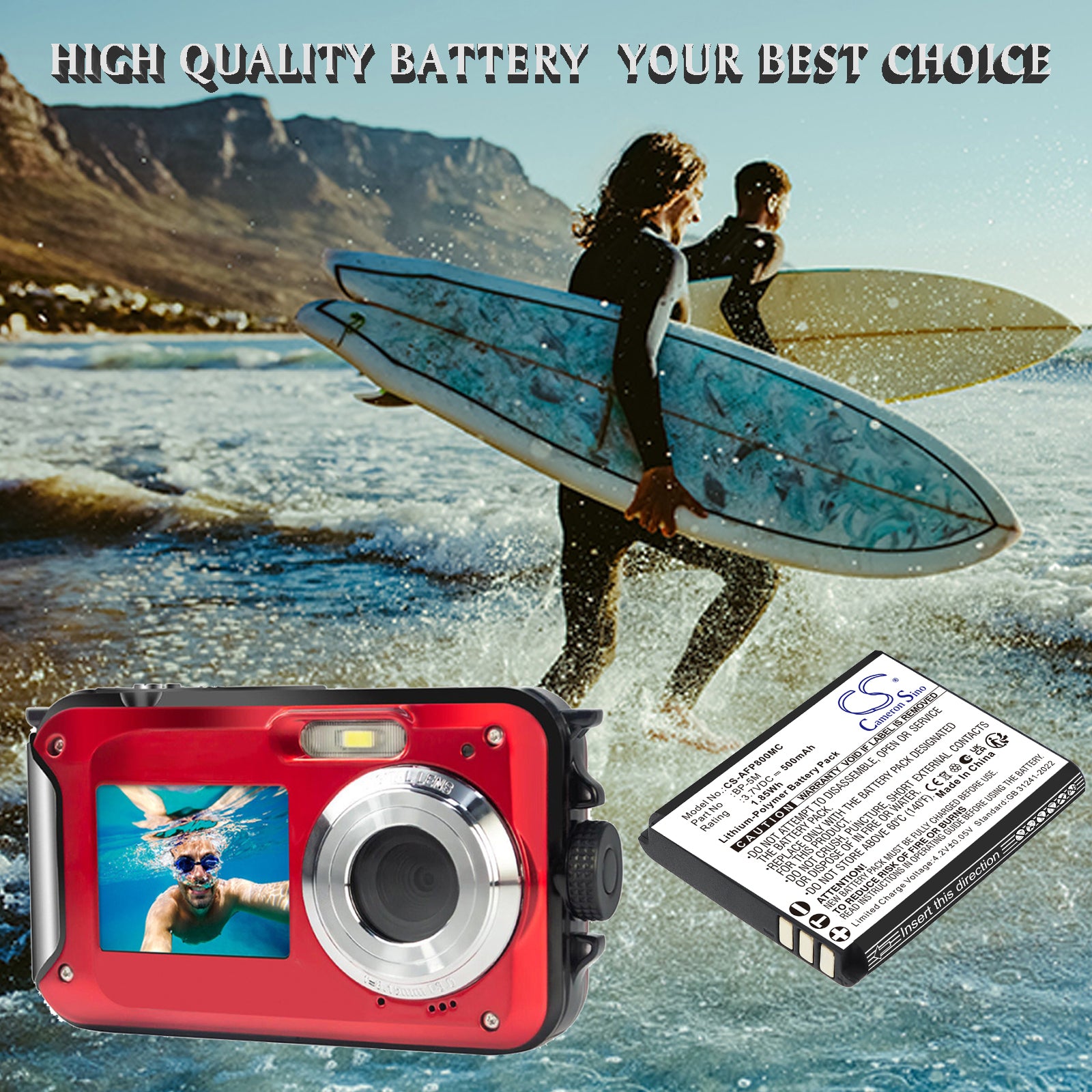 3.7V, Li-Polymer, 500mAh, Battery fits AgfaPhoto Realishot WP8000, 1.85Wh Camera Cameron Sino Technology Limited