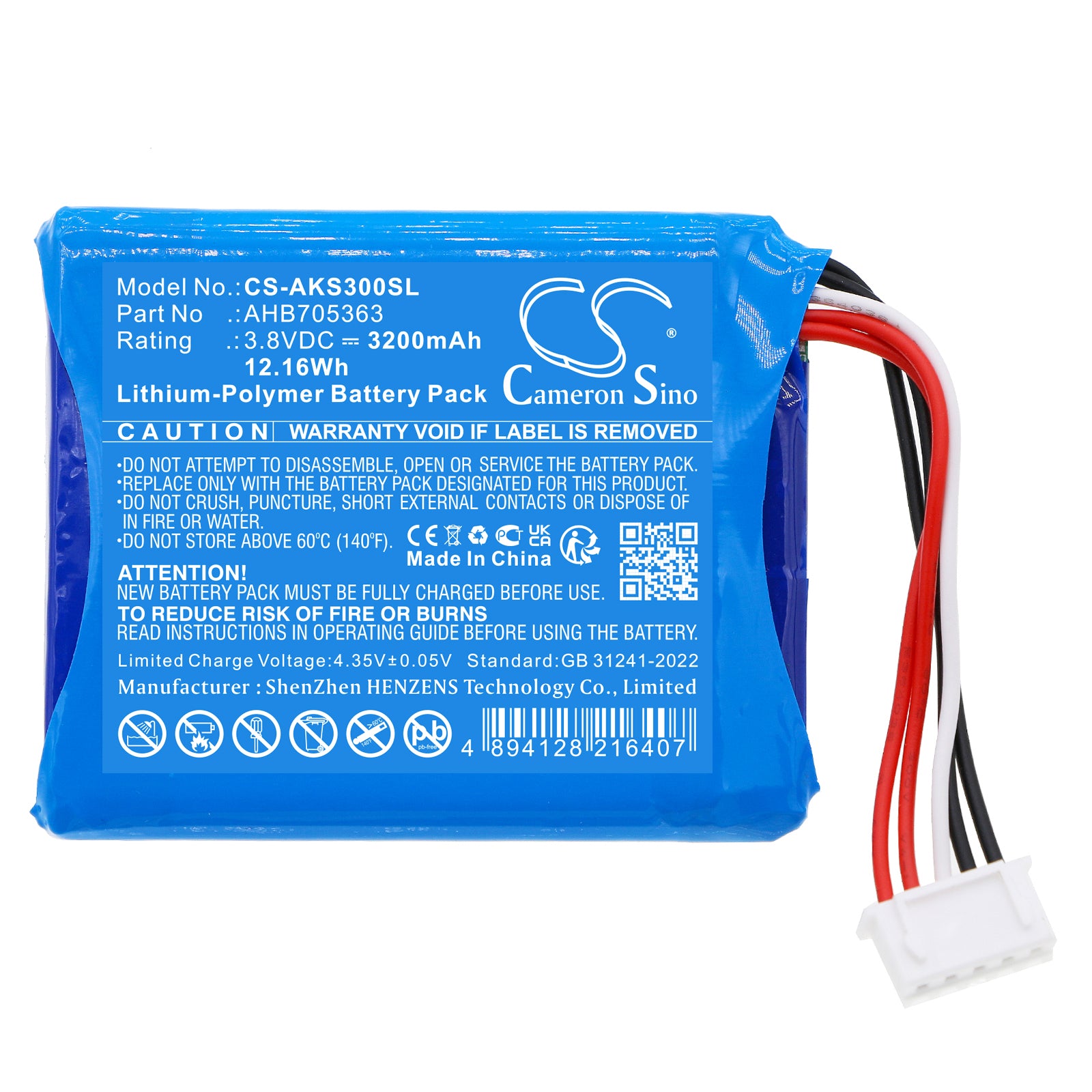 3.8V, Li-Polymer, 3200mAh, Battery fits AKG S30, 12.16Wh Speaker Cameron Sino Technology Limited