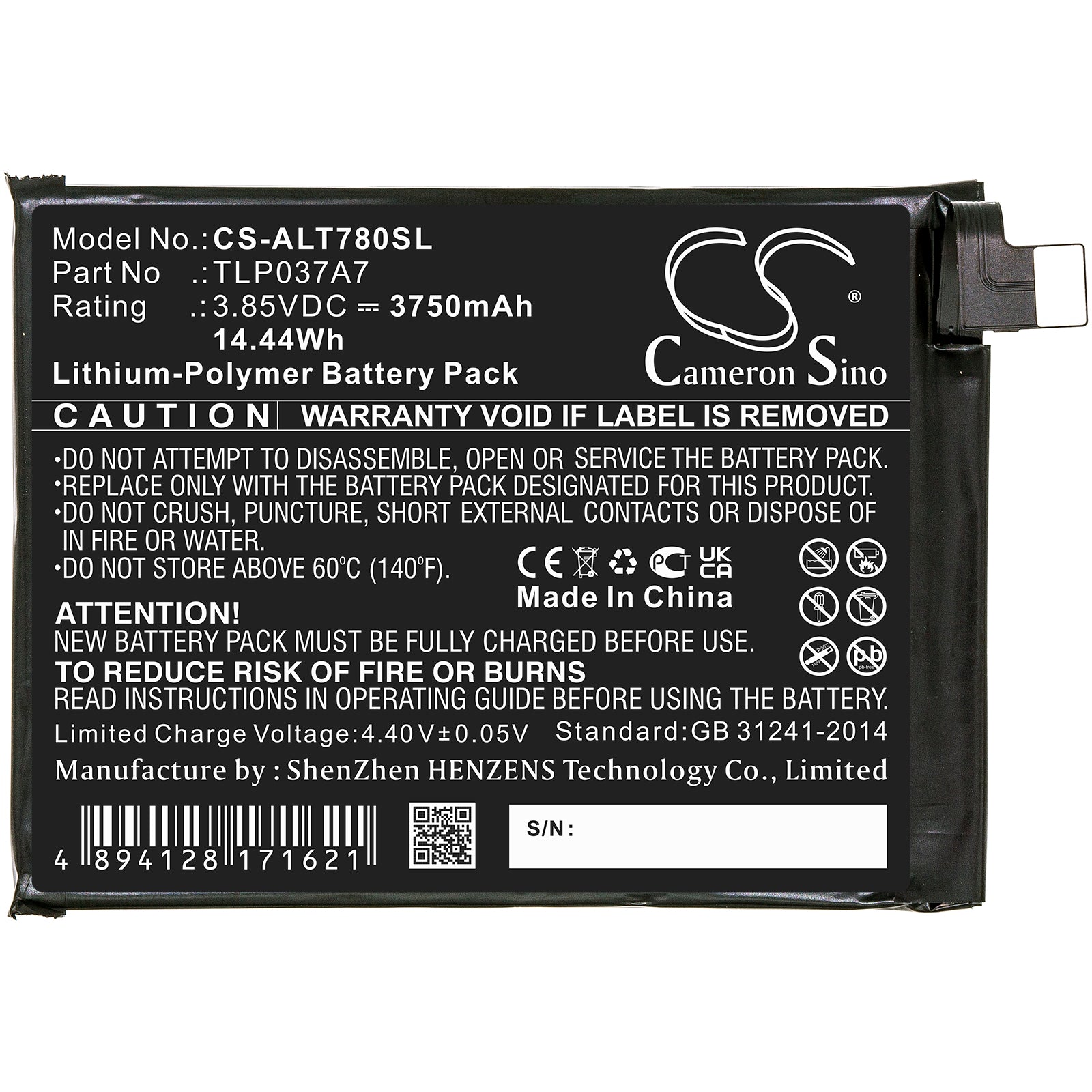 Li-Polymer, Mobile, SmartPhone Battery fits Alcatel Plex, T780h, 3.85V, 3750mAh Mobile, SmartPhone Cameron Sino Technology Limited