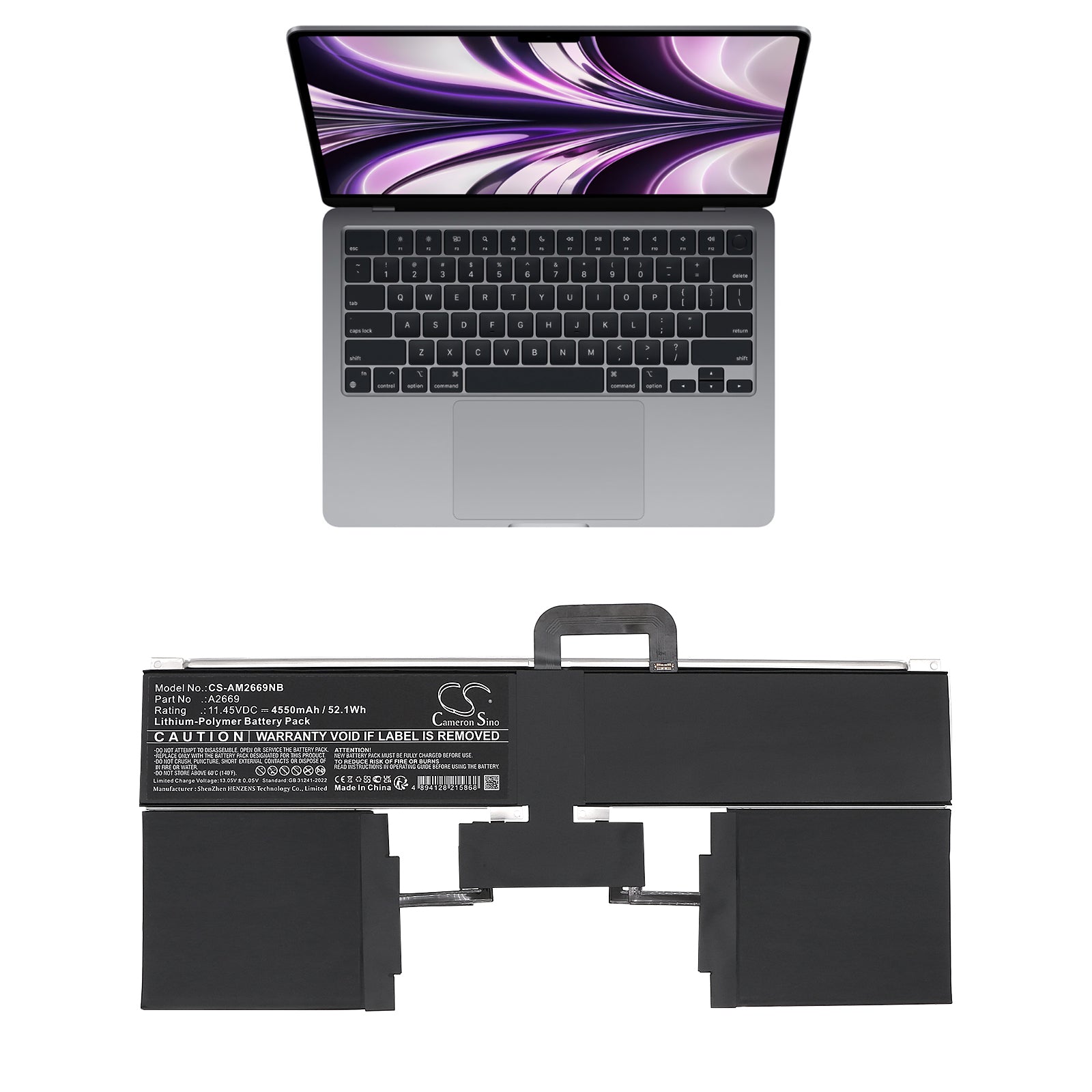 11.45V, Li-Polymer, 4550mAh, Battery fits Apple A2681 (EMC 4074), M2 2022 A2681, 52.1Wh Notebook, Laptop Cameron Sino Technology Limited