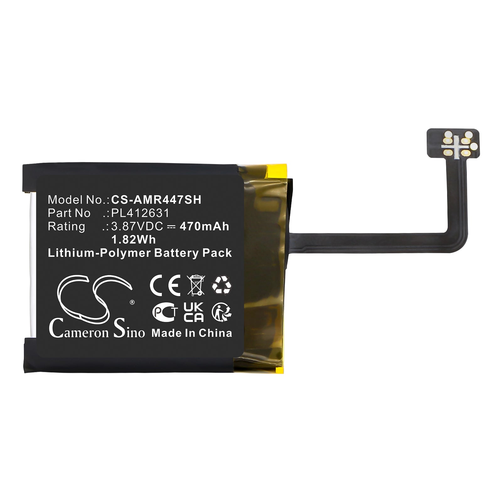 3.87V, Li-Polymer, 470mAh, Battery fits Amazfit GTR 4 47mm, 1.82Wh Smartwatch Cameron Sino Technology Limited