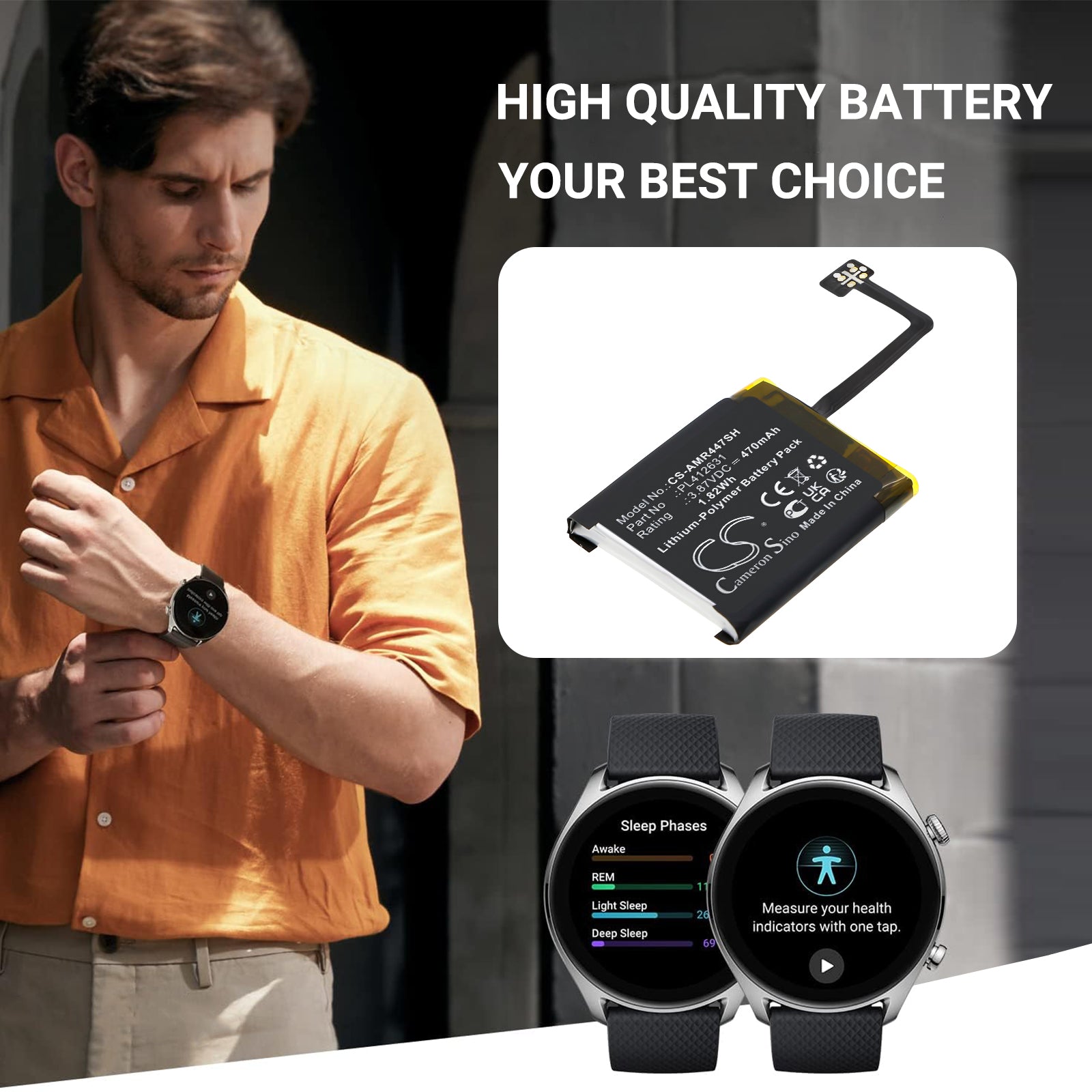 3.87V, Li-Polymer, 470mAh, Battery fits Amazfit GTR 4 47mm, 1.82Wh Smartwatch Cameron Sino Technology Limited