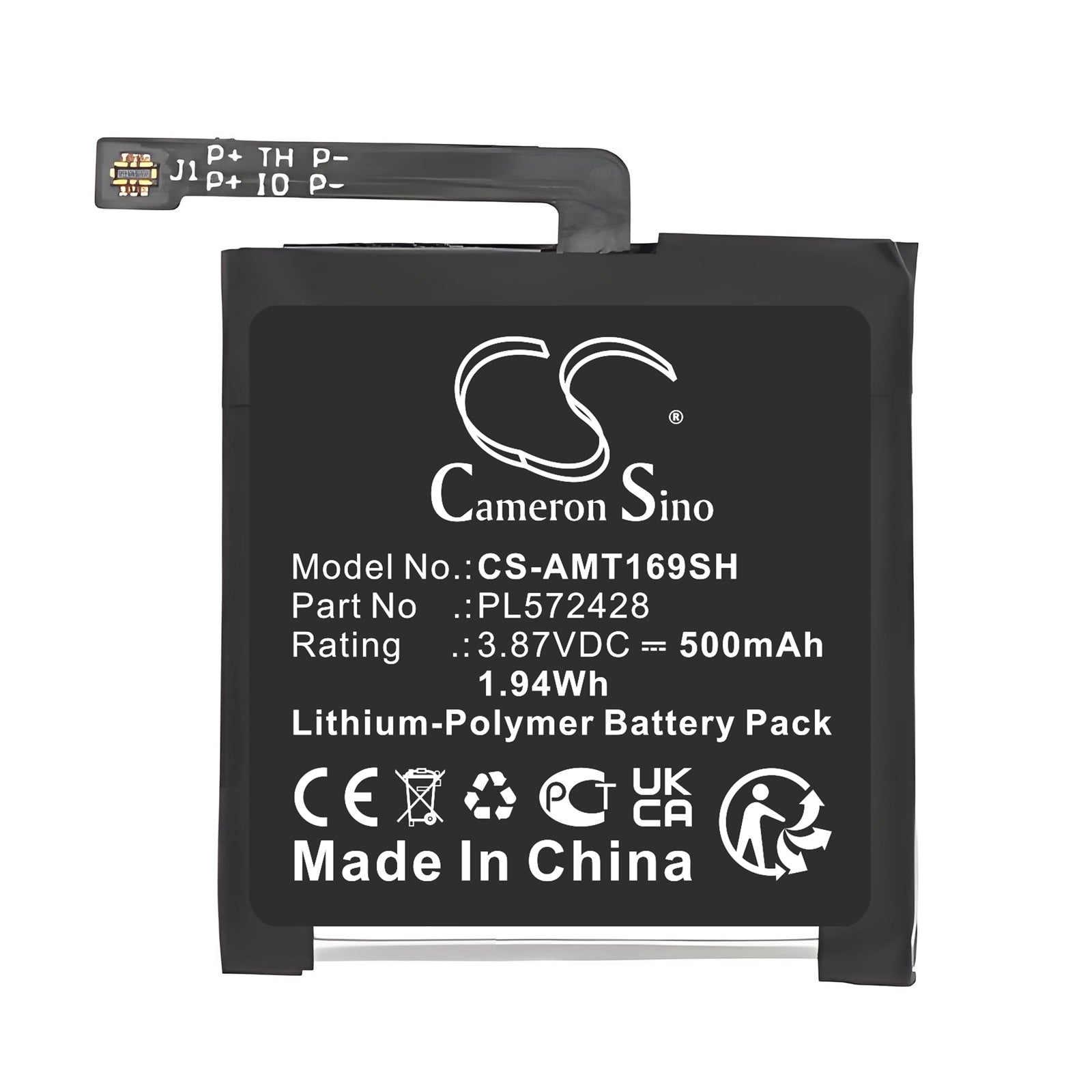 3.87V, Li-Polymer, 500mAh, Battery fits Amazfit A2169, A2170, 1.94Wh Smartwatch Cameron Sino Technology Limited