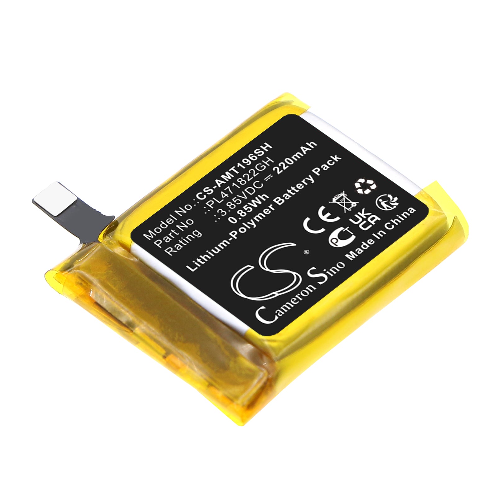 3.85V, Li-Polymer, 220mAh, Battery fits Amazfit A1969, GTS 2E, 0.85Wh Smartwatch Cameron Sino Technology Limited