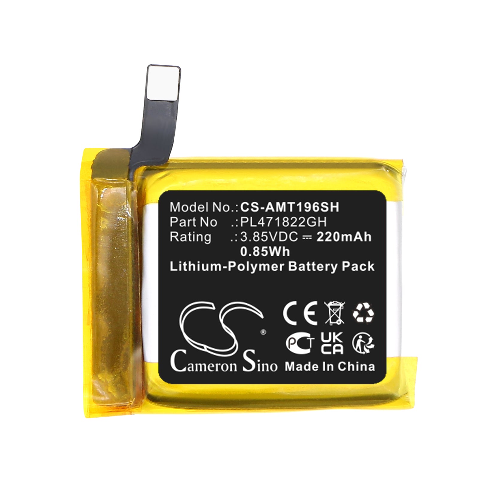 3.85V, Li-Polymer, 220mAh, Battery fits Amazfit A1969, GTS 2E, 0.85Wh Smartwatch Cameron Sino Technology Limited