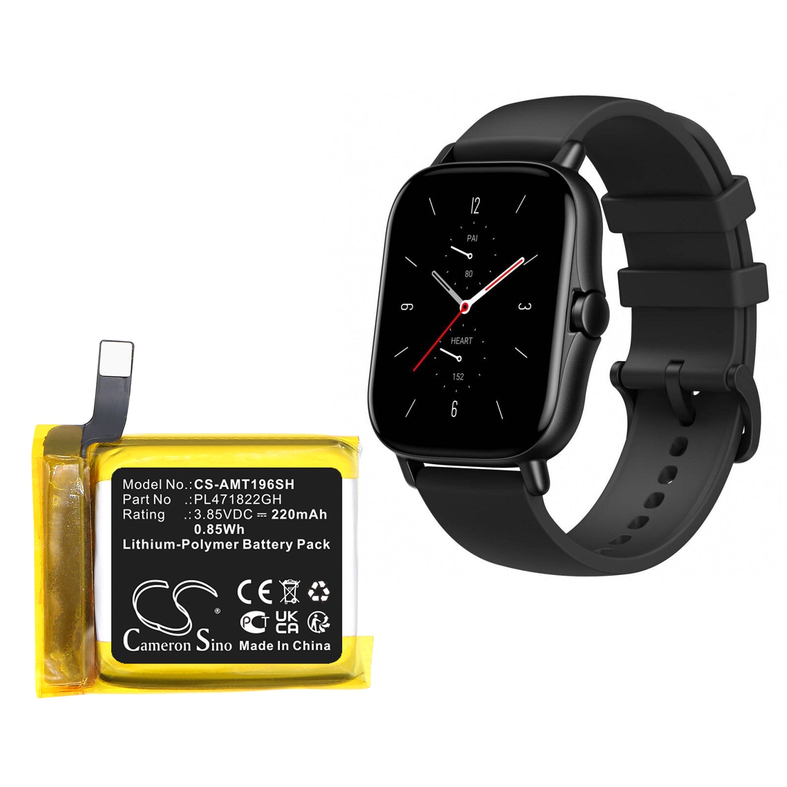 3.85V, Li-Polymer, 220mAh, Battery fits Amazfit A1969, GTS 2E, 0.85Wh Smartwatch Cameron Sino Technology Limited