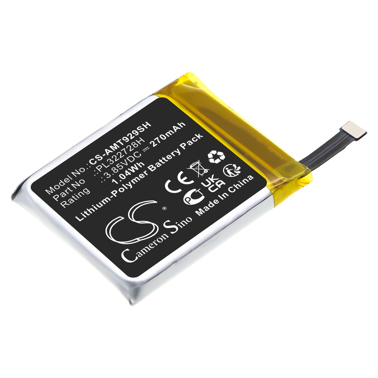 3.85V, Li-Polymer, 270mAh, Battery fits Amazfit A1929, Stratos 3, 1.04Wh Smartwatch Cameron Sino Technology Limited