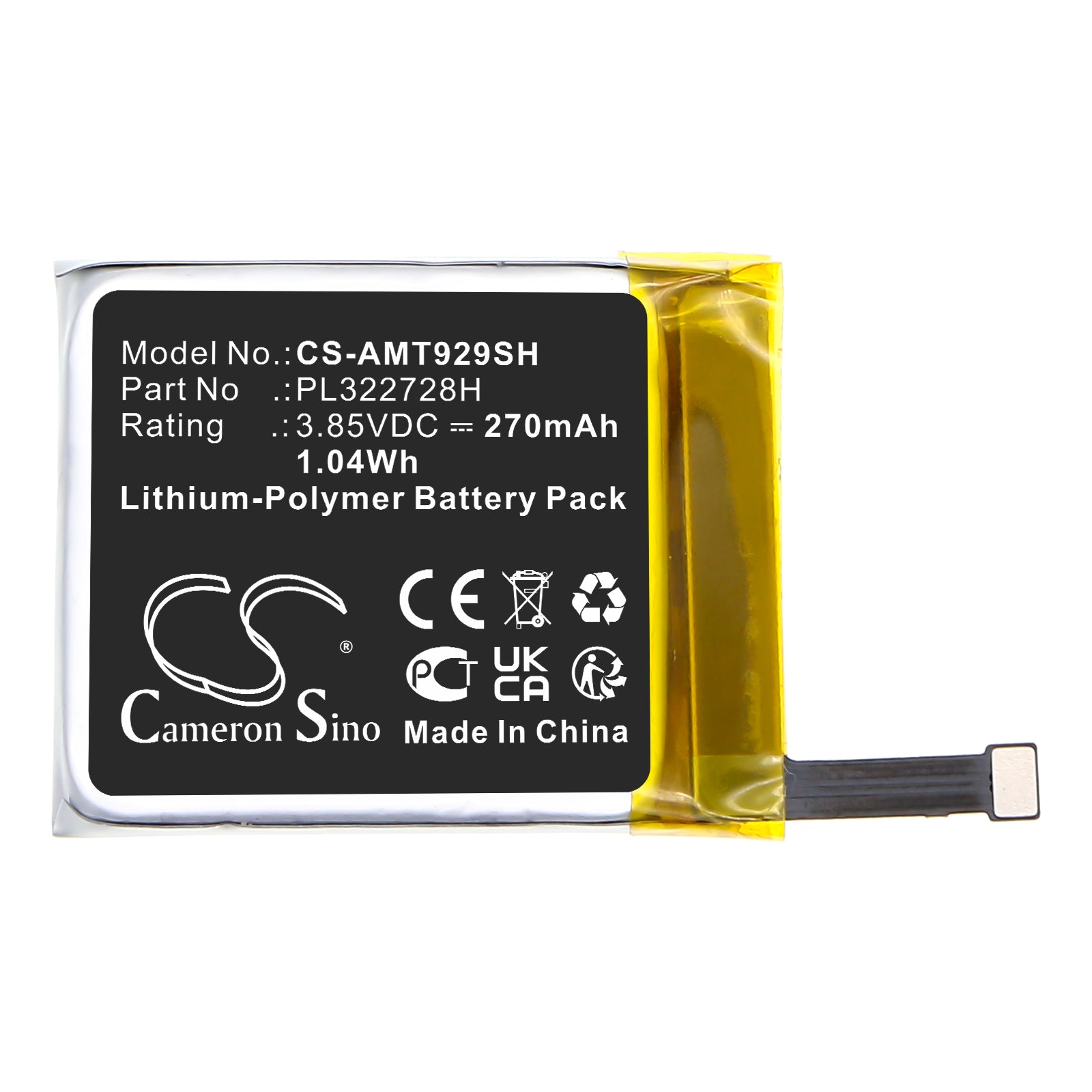 3.85V, Li-Polymer, 270mAh, Battery fits Amazfit A1929, Stratos 3, 1.04Wh Smartwatch Cameron Sino Technology Limited
