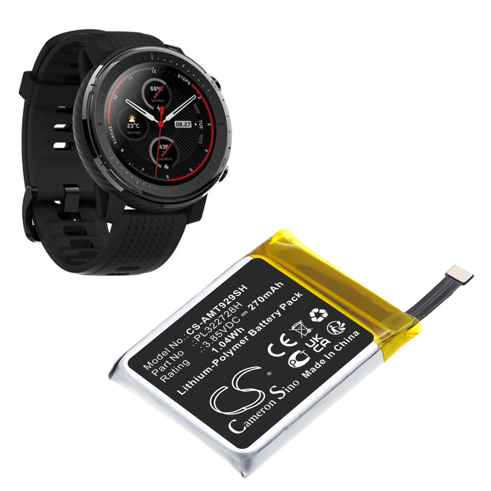 3.85V, Li-Polymer, 270mAh, Battery fits Amazfit A1929, Stratos 3, 1.04Wh Smartwatch Cameron Sino Technology Limited
