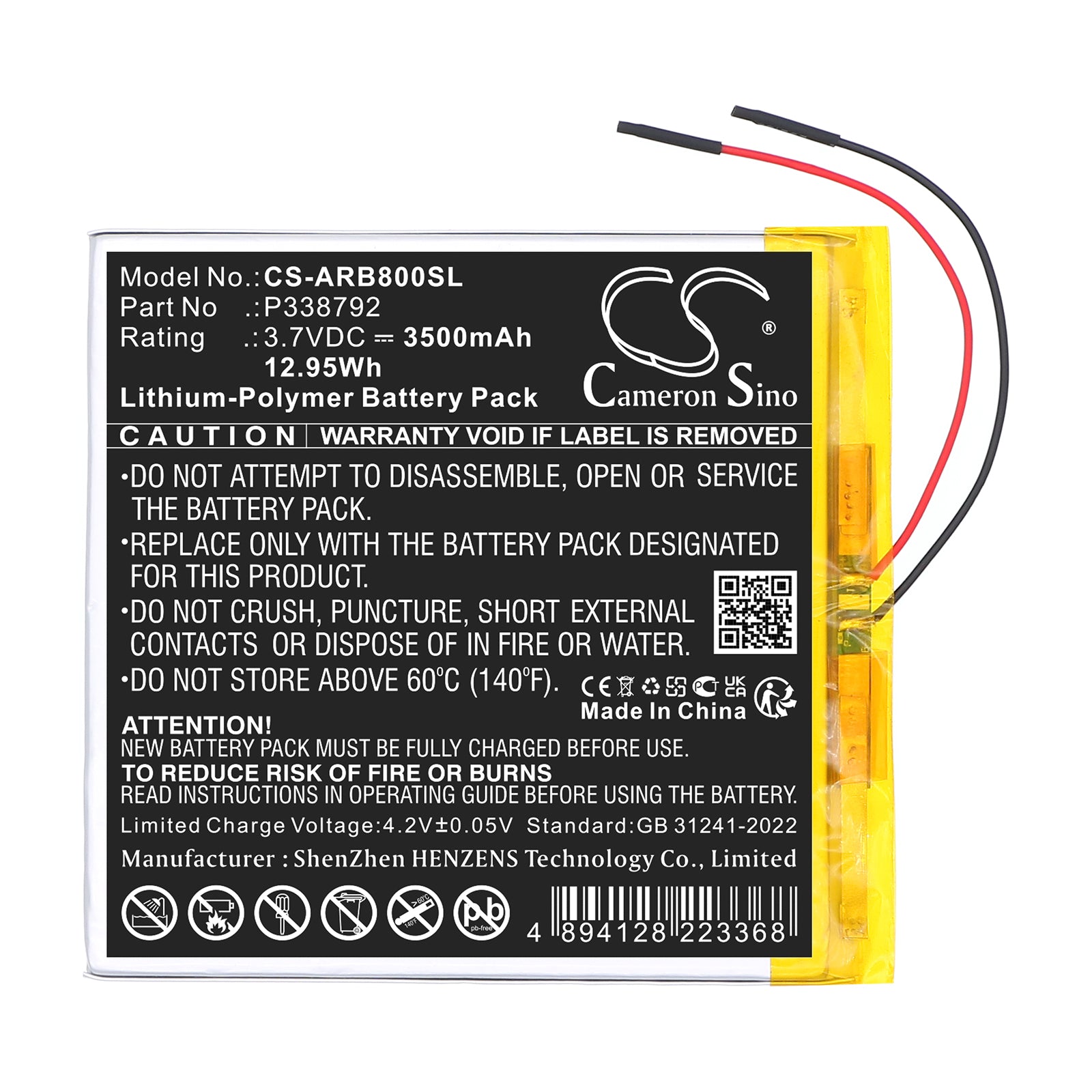 3.7V, Li-Polymer, 3500mAh, Battery fits Archos 8OB Xenon, 12.95Wh Tablet Cameron Sino Technology Limited