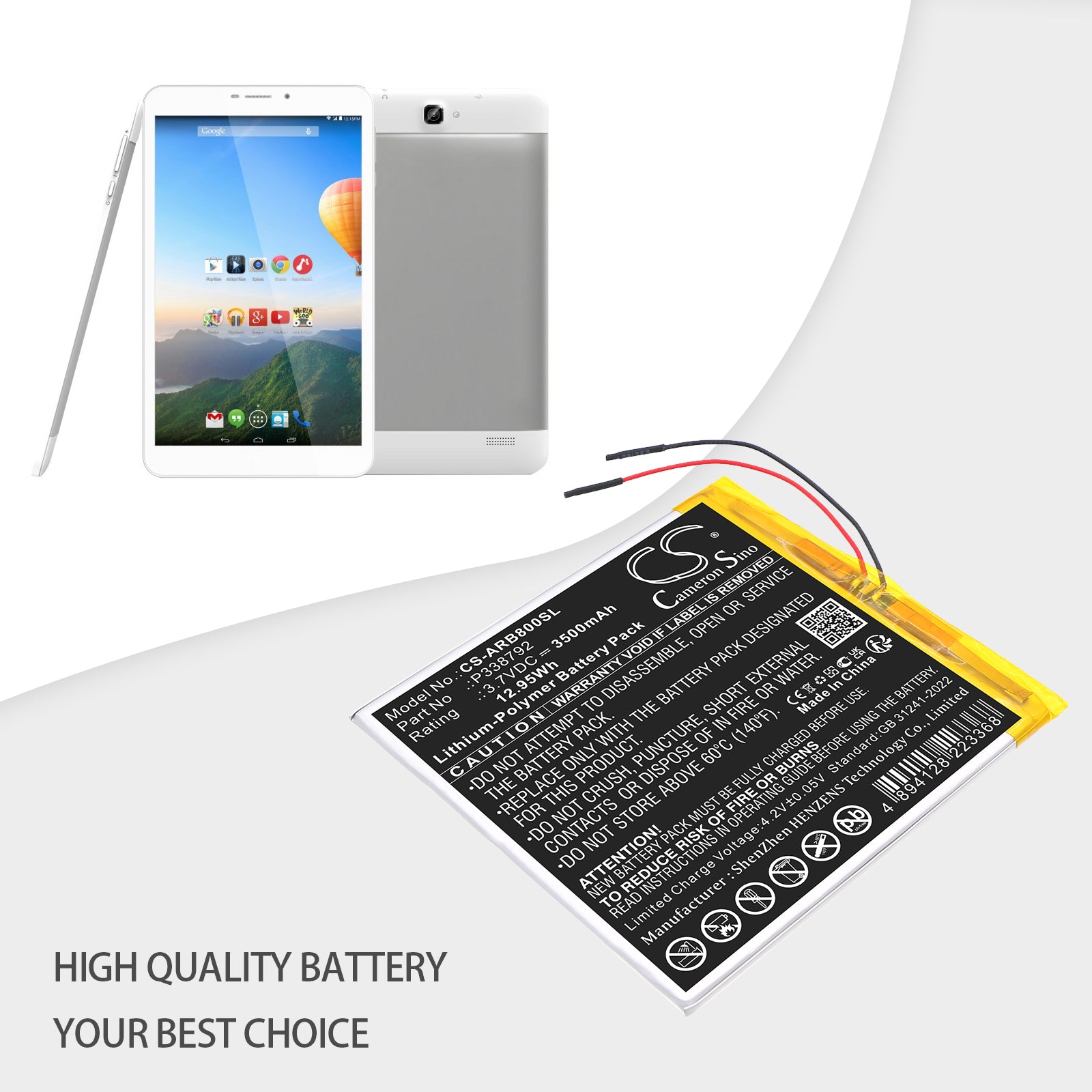 3.7V, Li-Polymer, 3500mAh, Battery fits Archos 8OB Xenon, 12.95Wh Tablet Cameron Sino Technology Limited