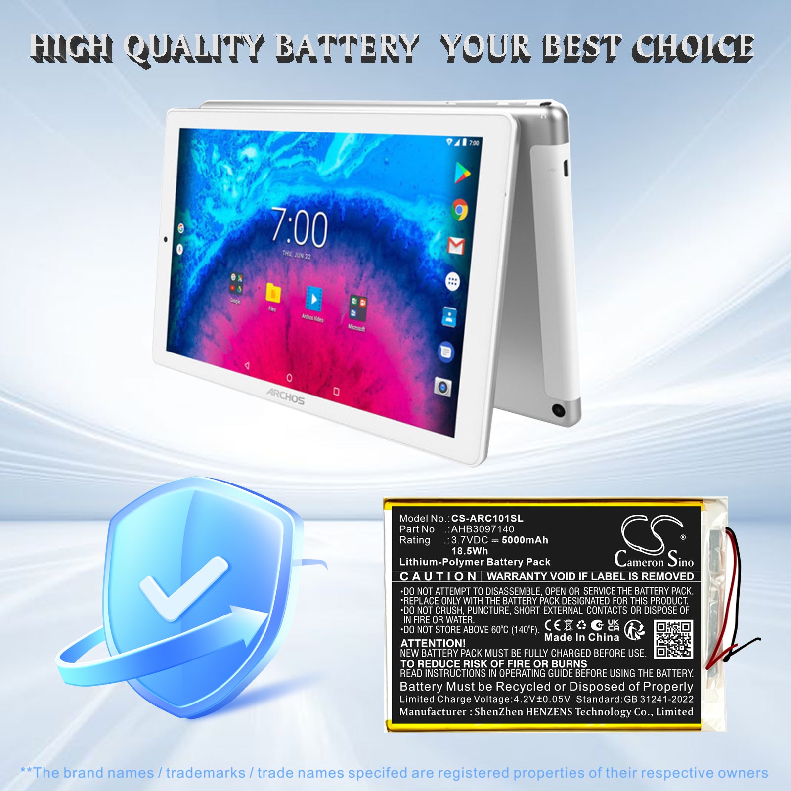 3.7V, Li-Polymer, 5000mAh, Battery fits Archos 101 Core 3G, AC101ASWFV2, 18.5Wh Tablet Cameron Sino Technology Limited