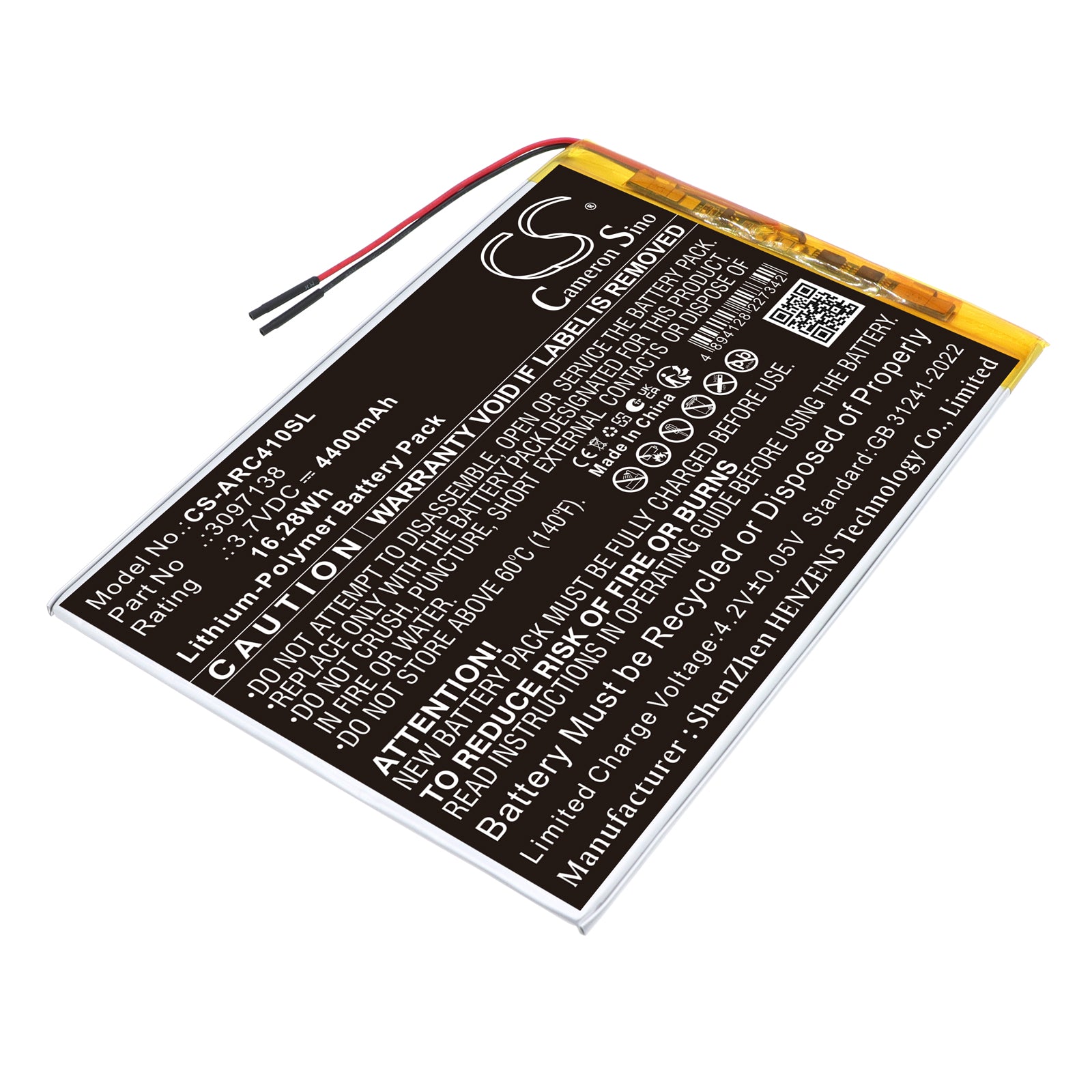3.7V, Li-Polymer, 4400mAh, Battery fits Archos AC101OX4G, OXYGEN 4G, 16.28Wh Tablet Cameron Sino Technology Limited