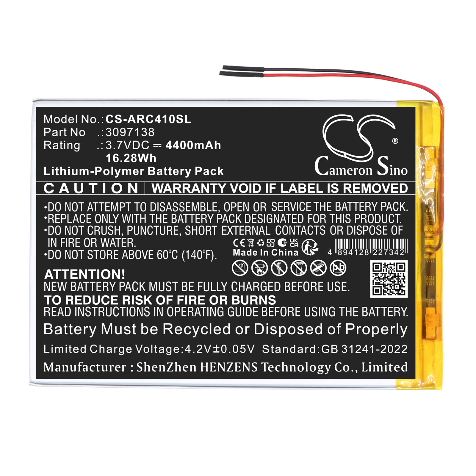 3.7V, Li-Polymer, 4400mAh, Battery fits Archos AC101OX4G, OXYGEN 4G, 16.28Wh Tablet Cameron Sino Technology Limited