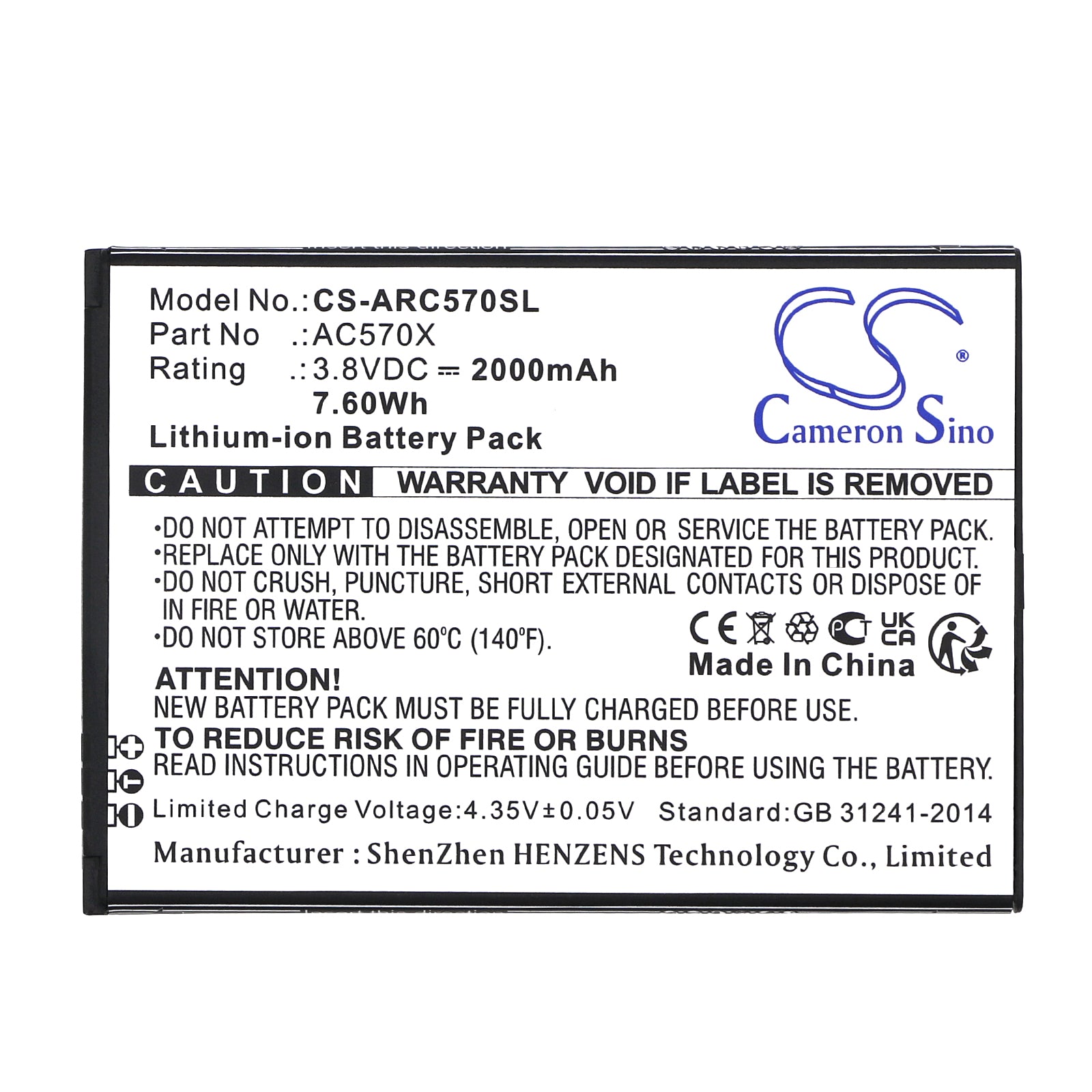 Li-ion, Mobile, SmartPhone Battery fits Archos Oxygen 57, 3.8V, 2000mAh Mobile, SmartPhone Cameron Sino Technology Limited
