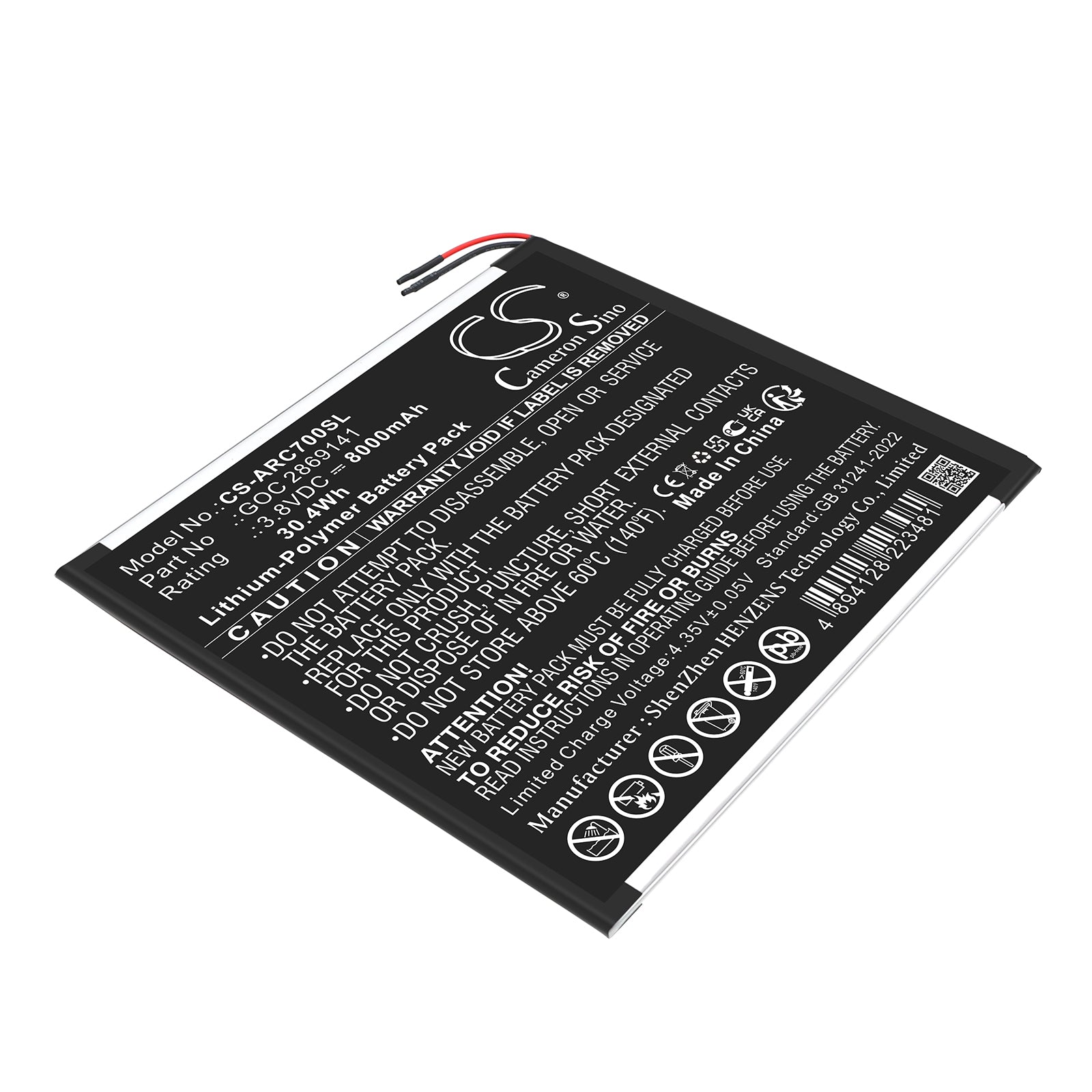 3.8V, Li-Polymer, 8000mAh, Battery fits Archos 101B Oxygen, AC101BOX, 30.4Wh Tablet Cameron Sino Technology Limited