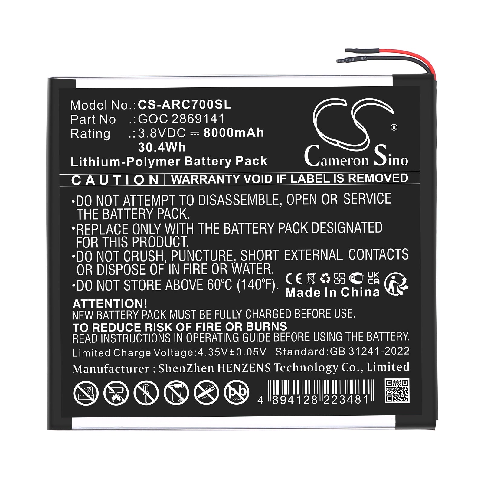 3.8V, Li-Polymer, 8000mAh, Battery fits Archos 101B Oxygen, AC101BOX, 30.4Wh Tablet Cameron Sino Technology Limited