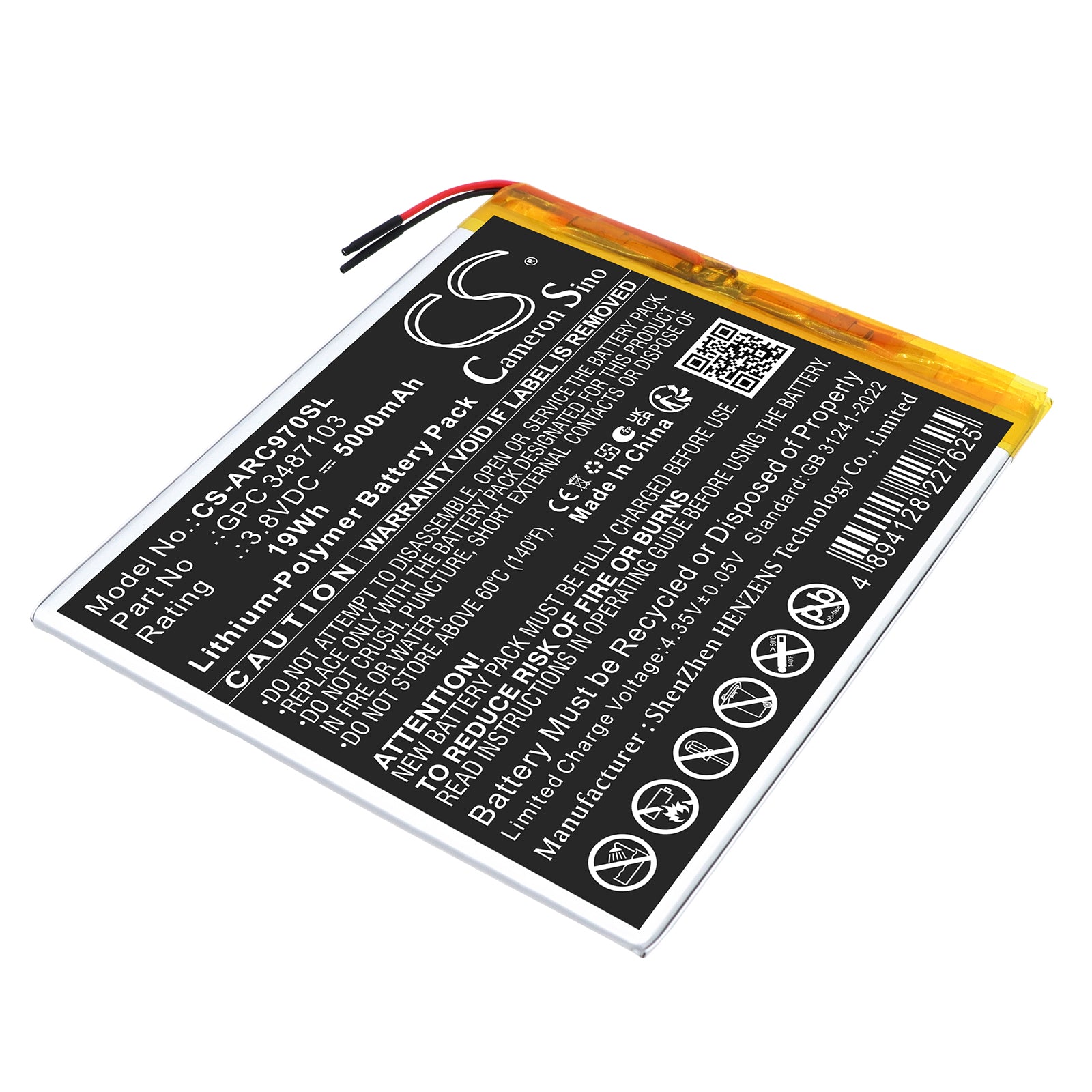 3.8V, Li-Polymer, 5000mAh, Battery fits Archos AC97CPL, 97C Platinum, 19Wh Tablet Cameron Sino Technology Limited