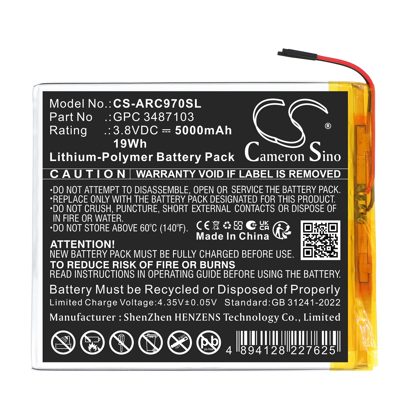3.8V, Li-Polymer, 5000mAh, Battery fits Archos AC97CPL, 97C Platinum, 19Wh Tablet Cameron Sino Technology Limited