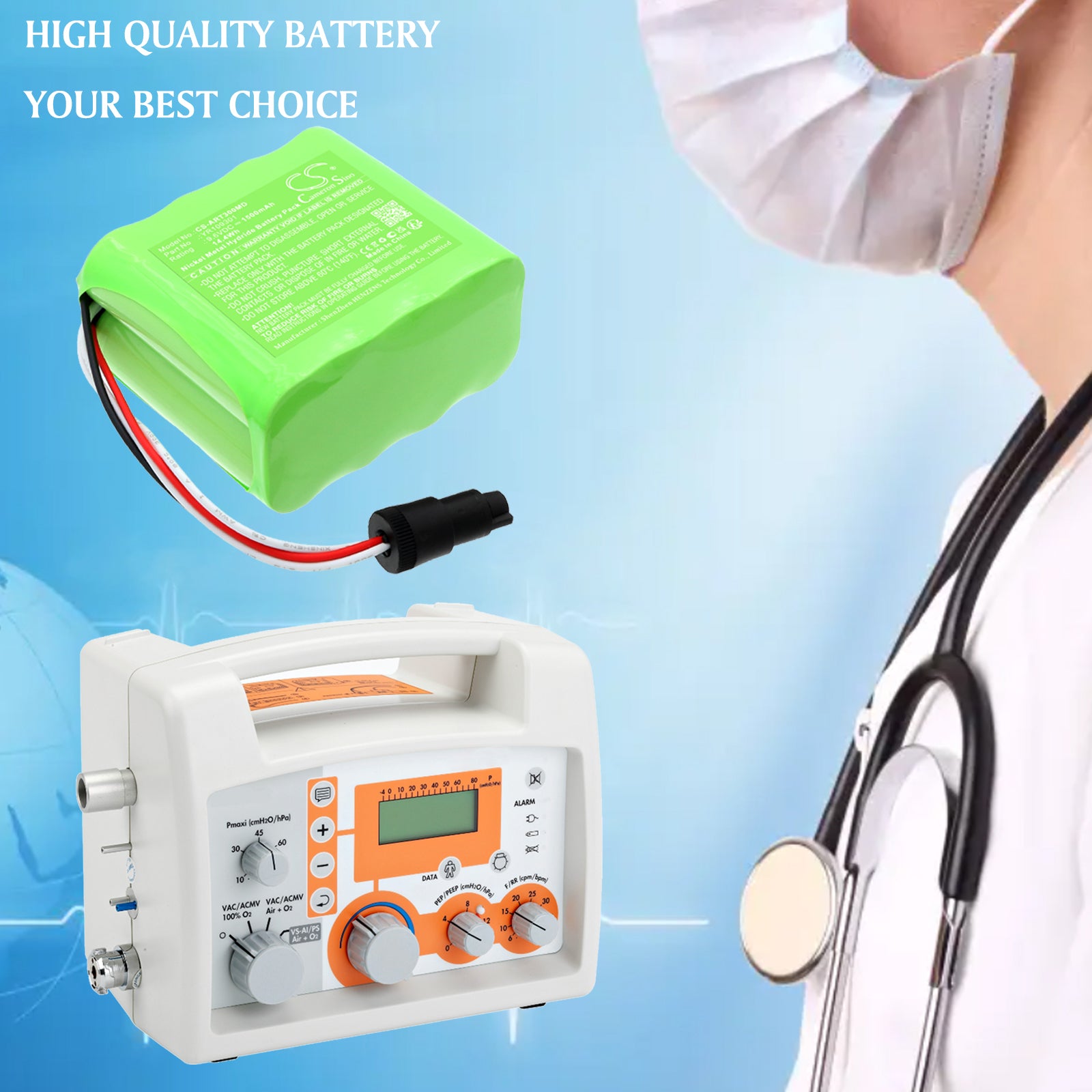 9.6V, Ni-MH, 1500mAh, Battery fits Air Liquide Blease 5500 Osiris 3, Taema Respirator Osiris 3, 14.4Wh Medical Cameron Sino Technology Limited