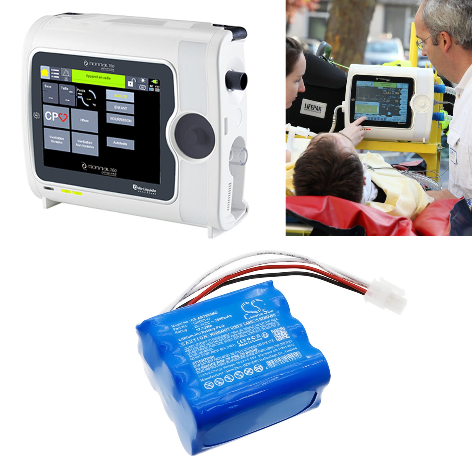 22.2V, Li-ion, 2600mAh, Battery fits Air Liquide T60 Respirator, 57.72Wh Medical Cameron Sino Technology Limited