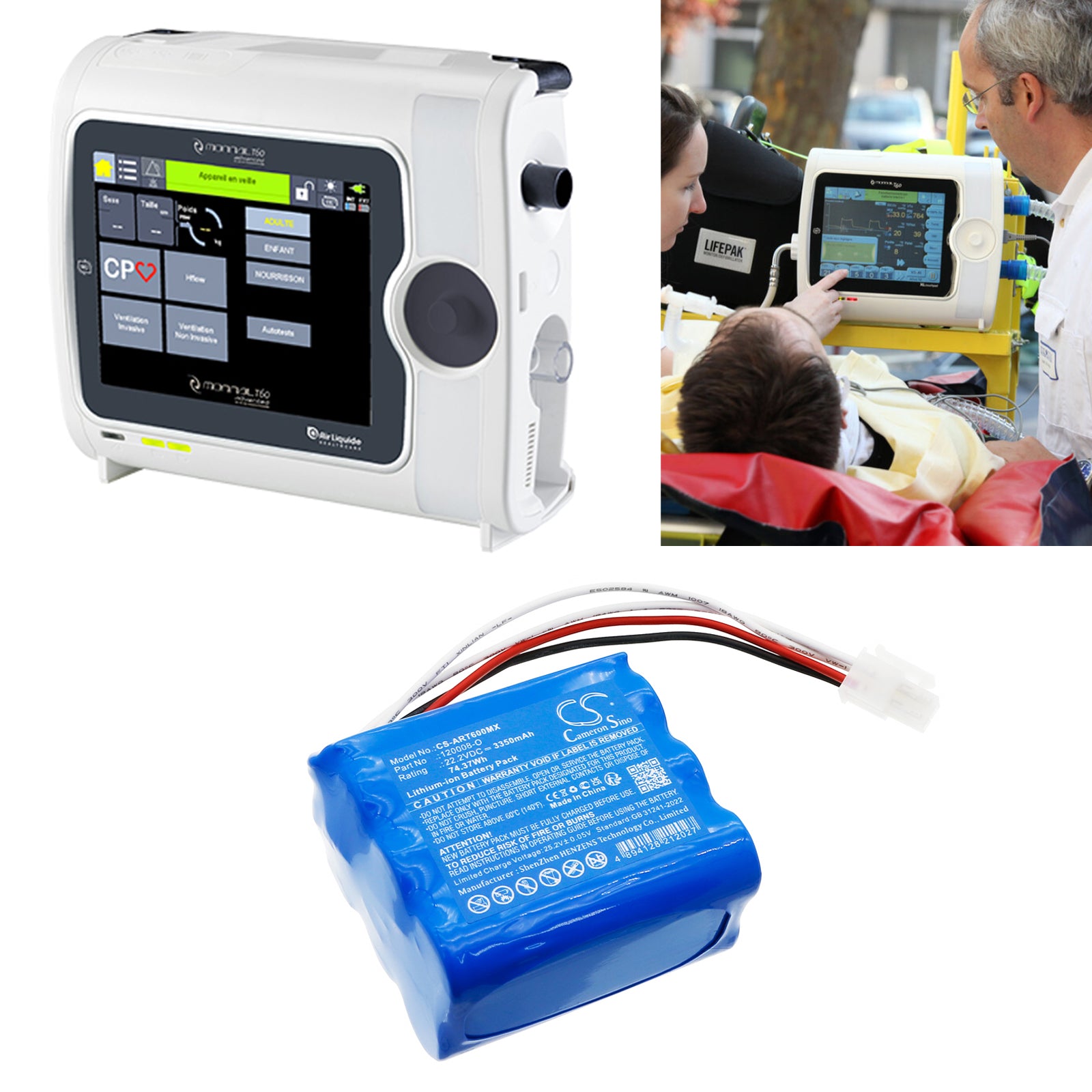 22.2V, Li-ion, 3350mAh, Battery fits Air Liquide T60 Respirator, 74.37Wh Medical Cameron Sino Technology Limited