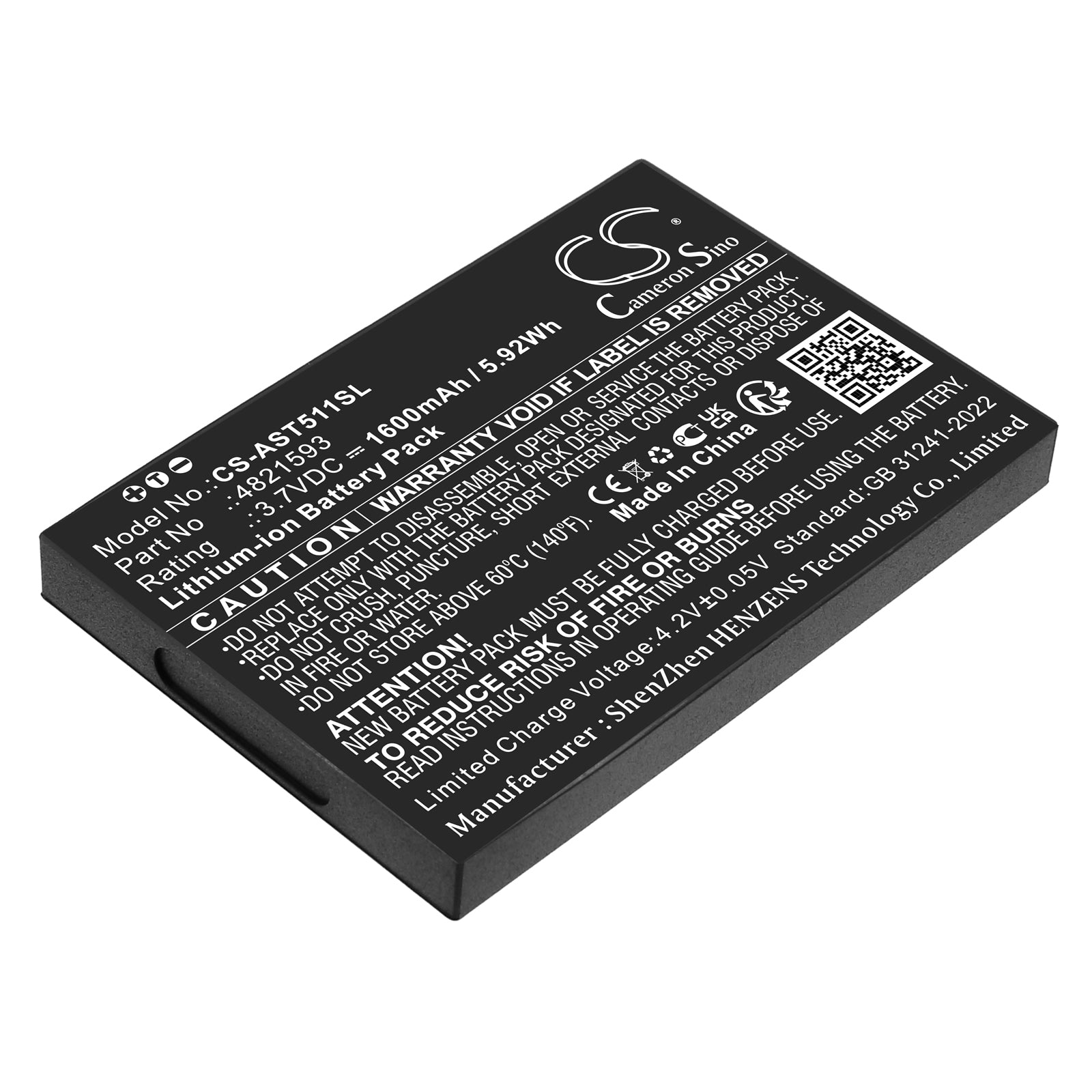 3.7V Li Ion 1600mAh 5.92Wh Battery for Assa Abloy VOT1511L2R01 and VingCard Elsafe Alarm System Cameron Sino Technology Limited