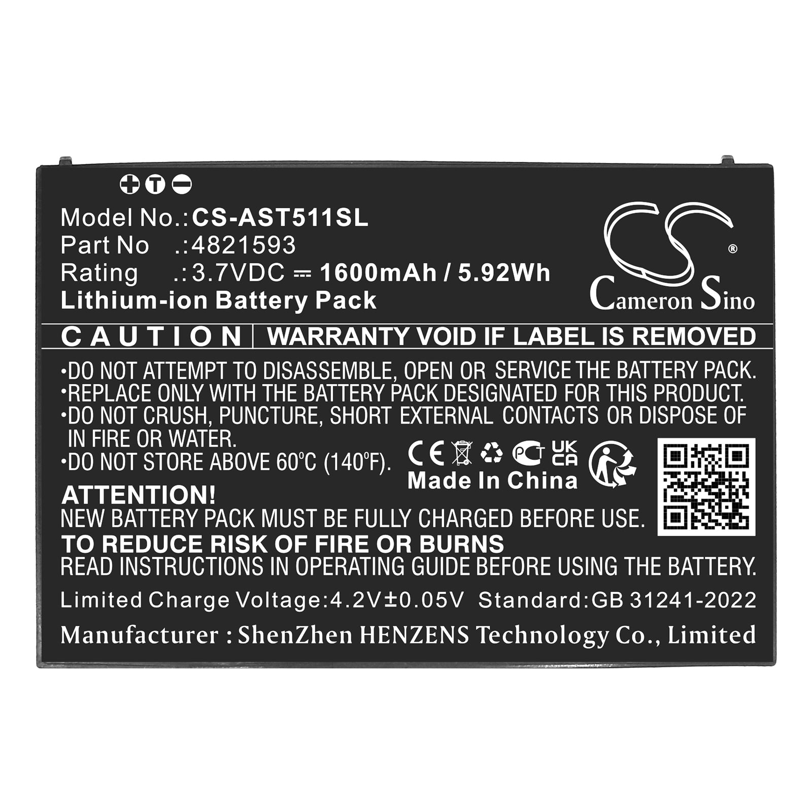 3.7V Li Ion 1600mAh 5.92Wh Battery for Assa Abloy VOT1511L2R01 and VingCard Elsafe Alarm System Cameron Sino Technology Limited